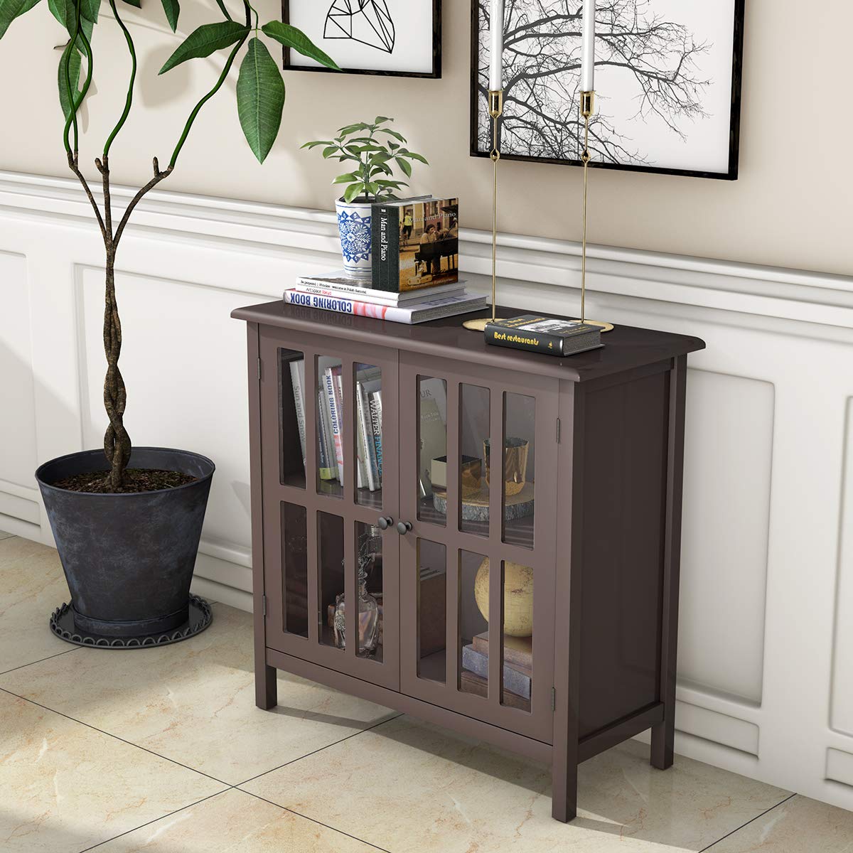 Tangkula Sideboard Buffet Cabinet with 2 Glass Doors - 60