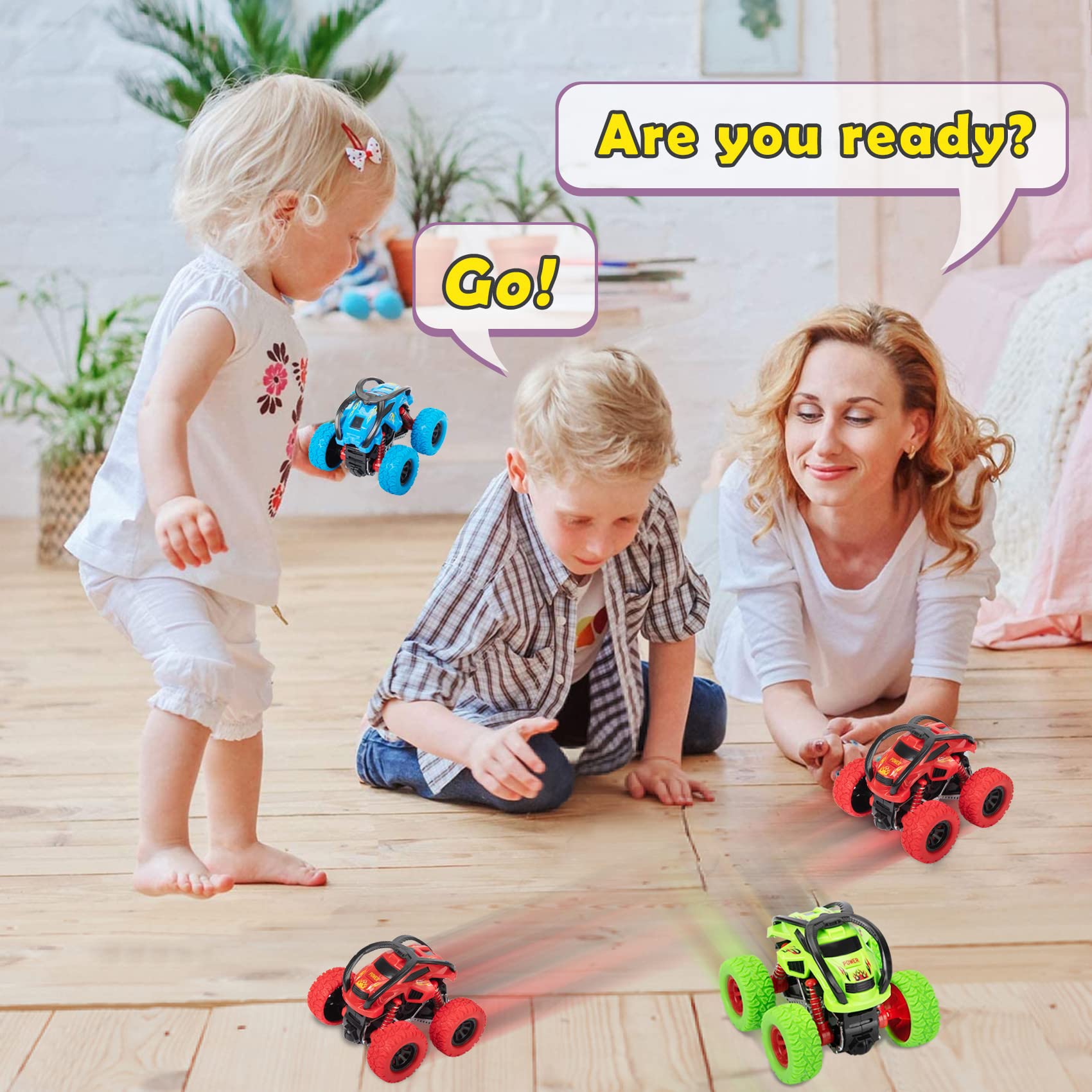 LODBY Pull Back Monster Trucks for Toddlers - Friction Powered Toy Cars for Boys & Girls Ages 2-5 - Easter & Birthday Gift for 2 3 4 Year Old Kids - Fun Indoor & Outdoor Play Vehicle for Preschool Learning