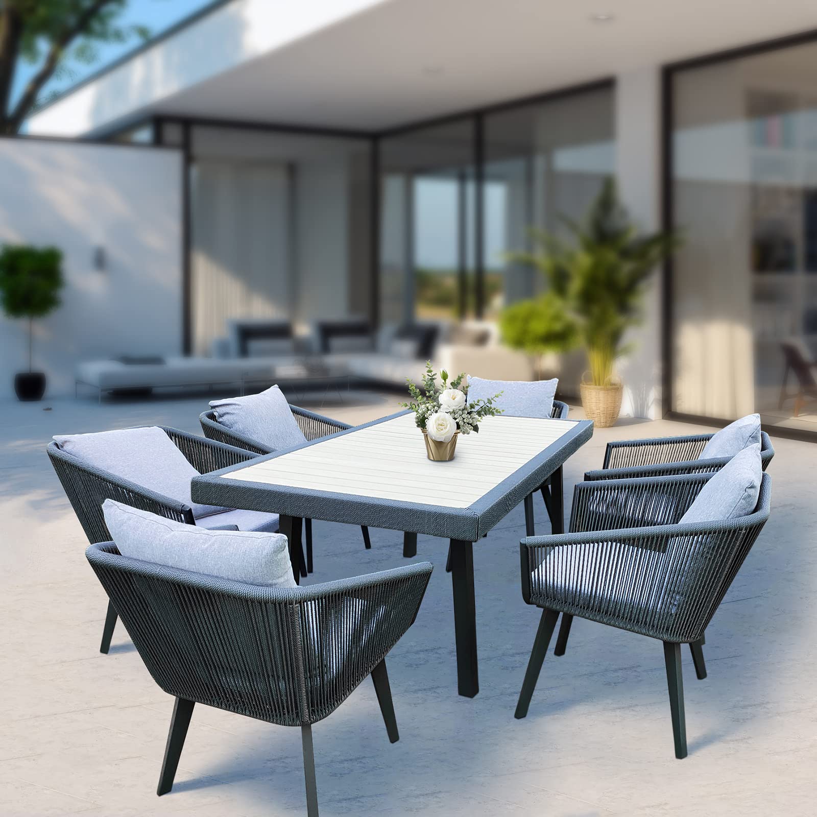7-Piece Indoor/Outdoor Patio Dining Set - All-Weather Wicker Furniture with Aluminum Frame, Cushions & Pillows (6 Chairs + Rectangle Table) - Perfect for Backyard BBQs, Poolside Lounging & Garden Entertaining