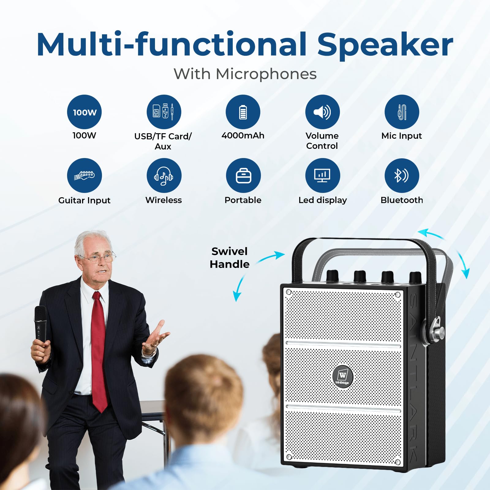 100W Powerful Portable PA Speaker System with 2 Wireless Microphones - Bluetooth 5.0, USB/TF/Aux Input, Karaoke Machine & Guitar Support - Ideal for Outdoor Events, Parties, Public Speaking and Home Karaoke