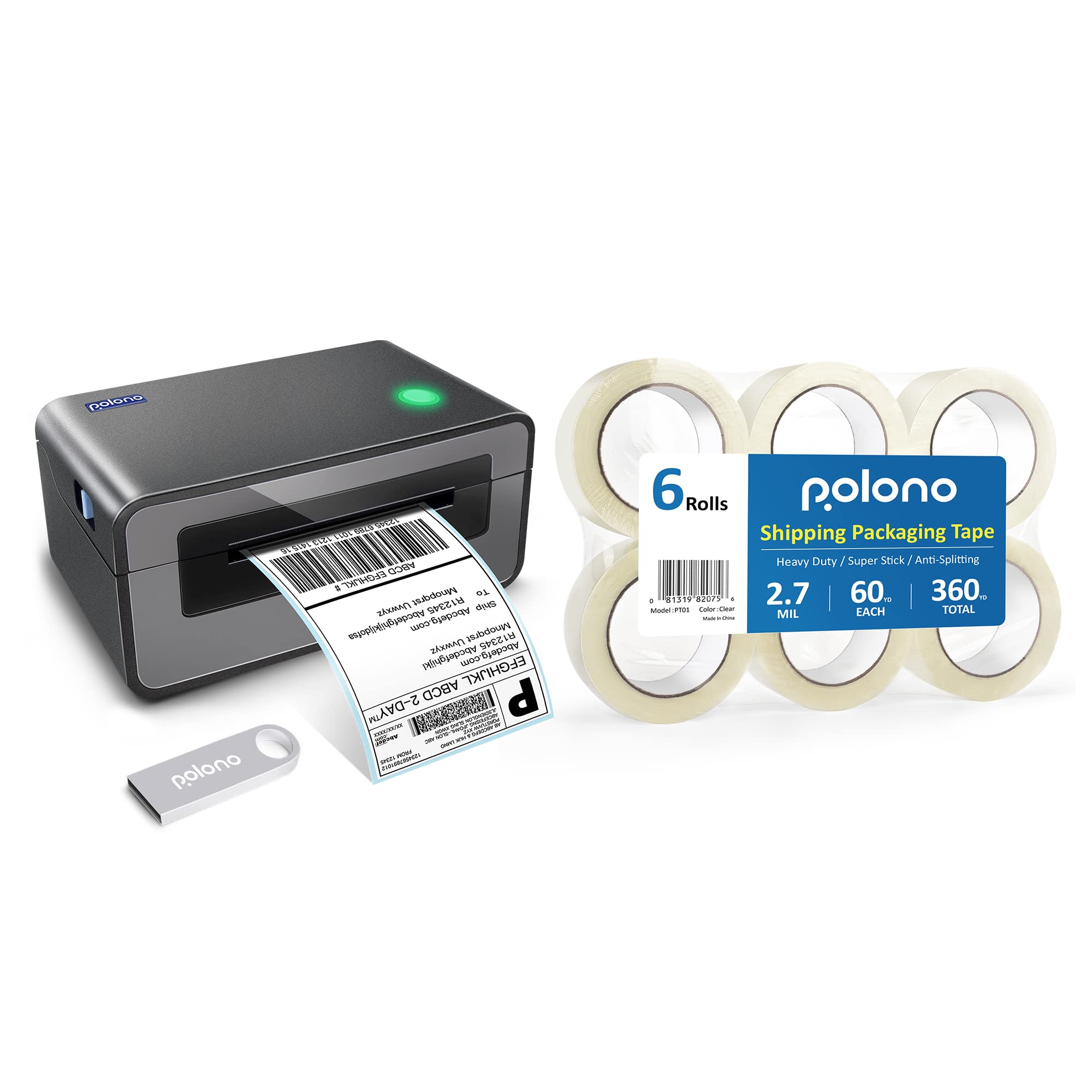 POLONO 4x6 Thermal Shipping Label Printer for Packages - Commercial Direct Thermal Label Maker with Heavy Duty 2.7 mil Packaging Tape (1.88
