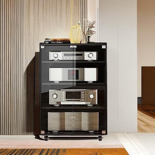 4-Tier Adjustable Media Storage Cabinet with Glass Doors & Pulley - Modern AV Stand for CDs, DVDs, Gaming Consoles & Stereo Components - Perfect for Living Room, Home Theater & Entertainment Centers