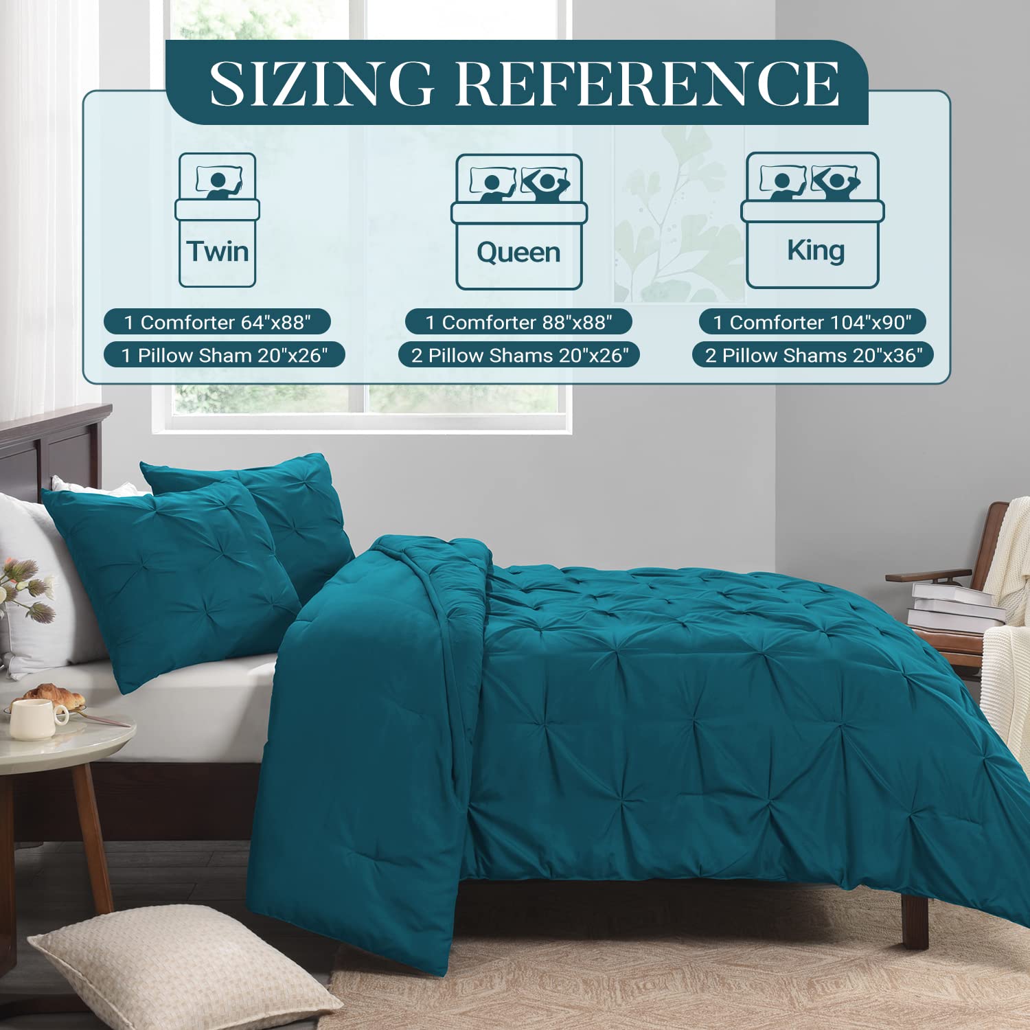 Basic Beyond Twin Comforter Set for Girls and Boys - Pinch Pleat Twin Bedding Set with Pintuck Design, Includes Comforter & Pillow Sham in Teal - Perfect for Kids' Bedrooms, Dorm Rooms & Guest Rooms
