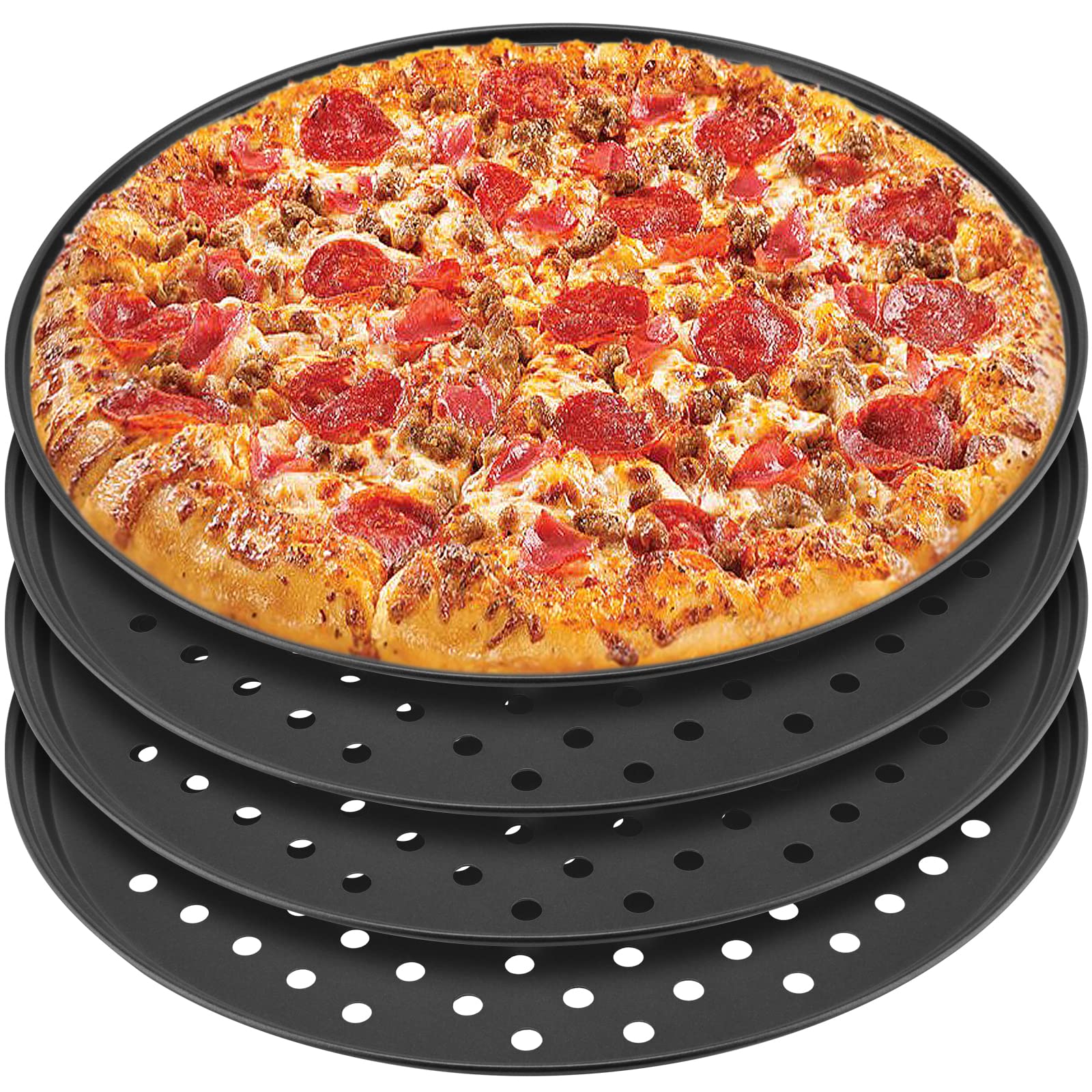 MANCHAP 4-Pack 12-Inch Round Perforated Pizza Baking Pans - Carbon Steel Non-Stick Pizza Crisper Trays for Oven, Home & Restaurant Use - Perfect for Crispy Crusts, Homemade Pizzas & Baking