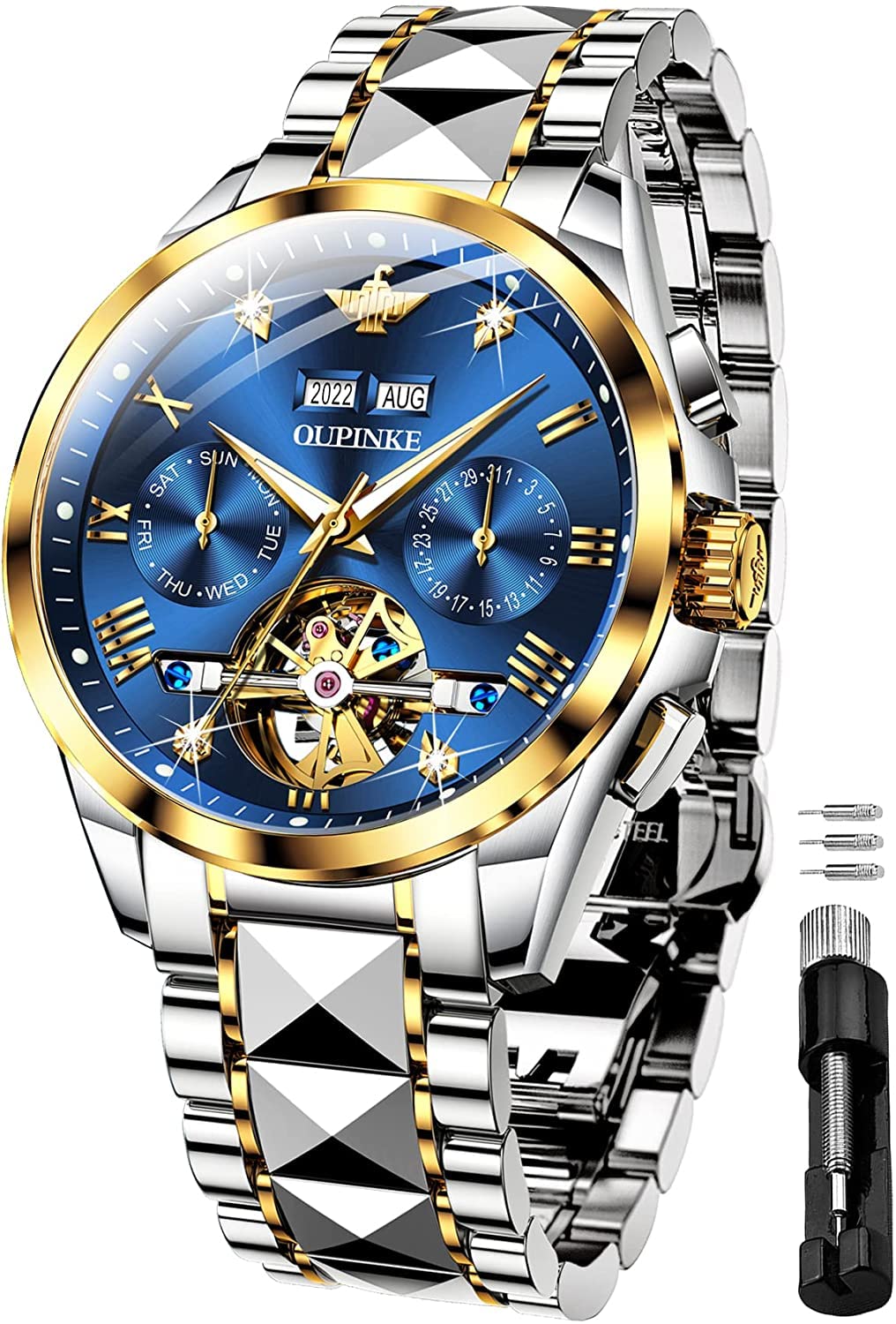 Premium Automatic Skeleton Self-Winding Dress Watch for Men - Business Waterproof Luminous Tungsten Steel Wristwatch | Perfect for Office, Formal Events & Special Occasions
