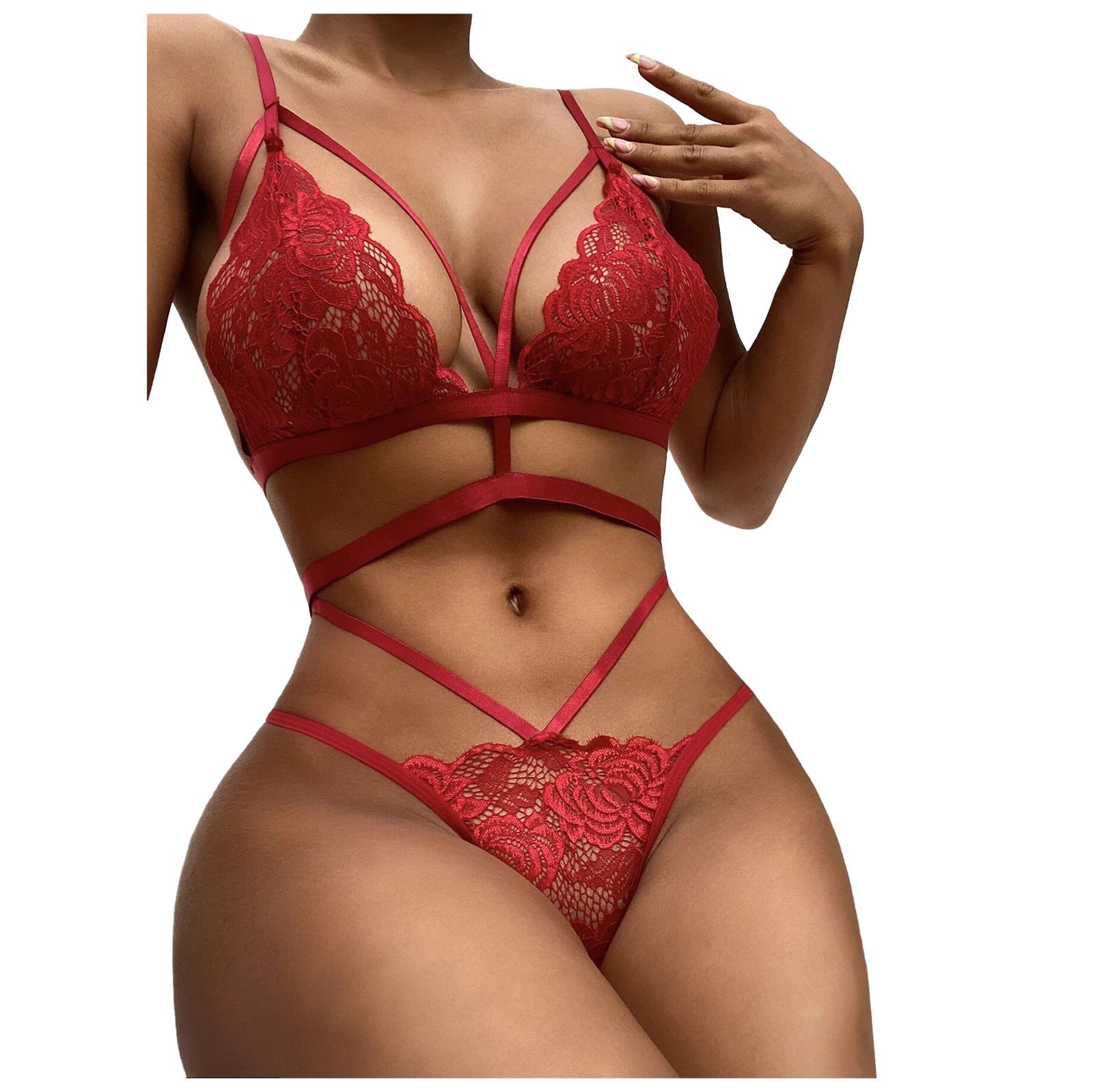 Sexy Lingerie for Women - Embroidery Halter Bra & Thong Set, Strappy Negligee Nightie for Roleplay & Intimate Moments | Perfect for Valentine's Day, Anniversary Gifts & Boudoir Photography