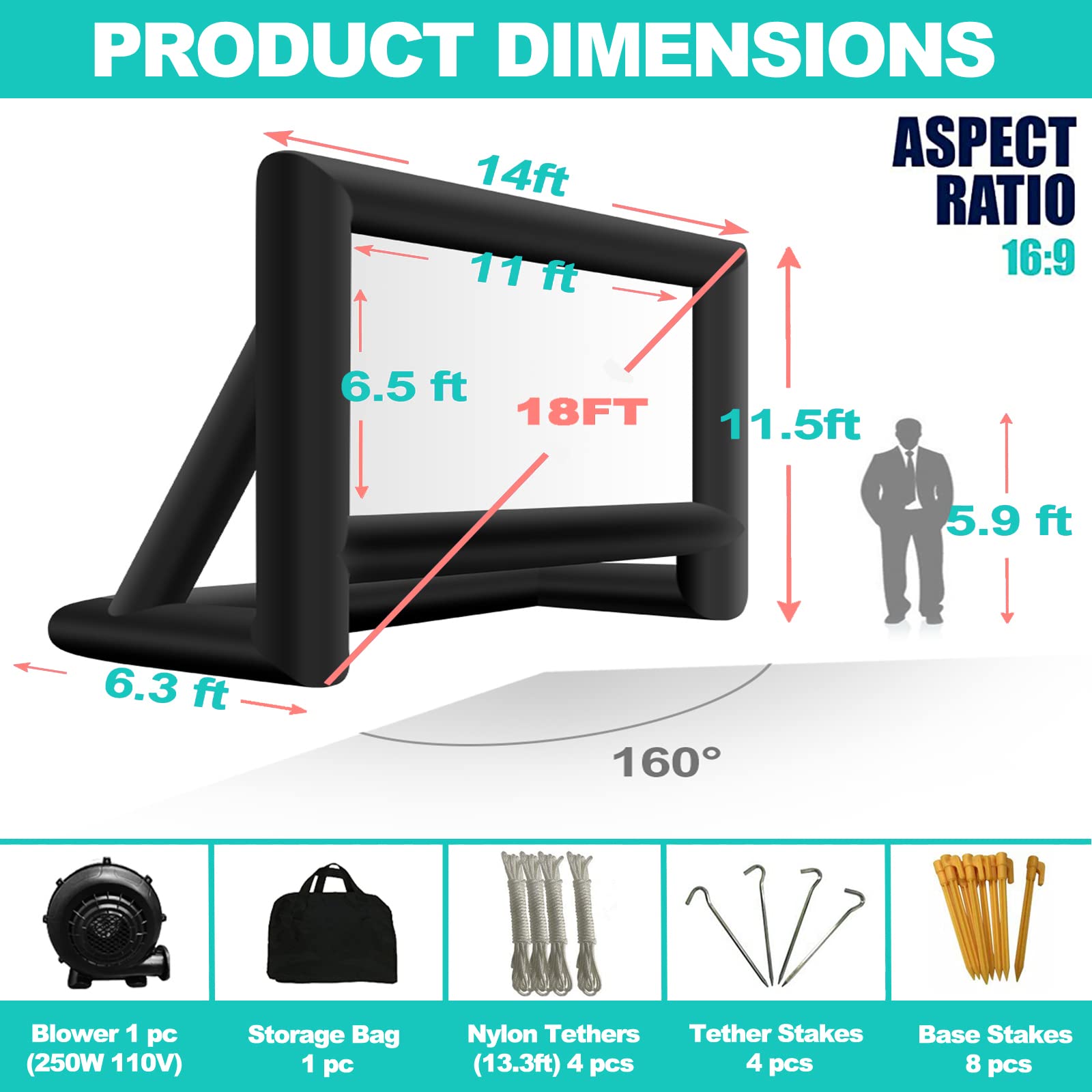 18FT Inflatable Outdoor Movie Screen with Blower, Rope & Tent Stakes - Portable Projection Screen for Backyard, Pool Parties, Camping & Indoor Movie Nights - HD White Surface for Day & Night Viewing