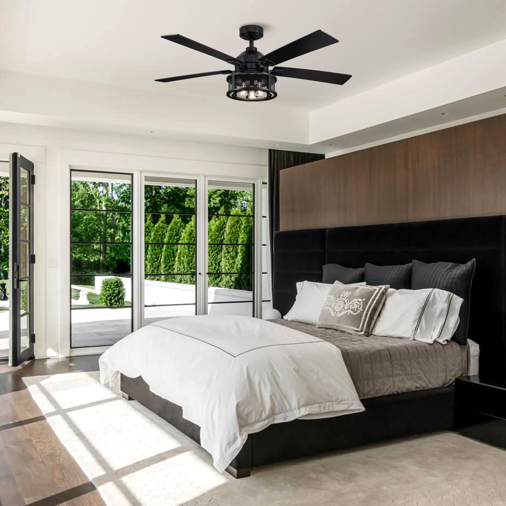 52 Inch Black Farmhouse Ceiling Fan with Remote Control, LED Light and Reversible Blades - Rustic Indoor/Outdoor Ceiling Fan for Bedroom, Living Room, Patio - Perfect for Home Cooling and Stylish Decor