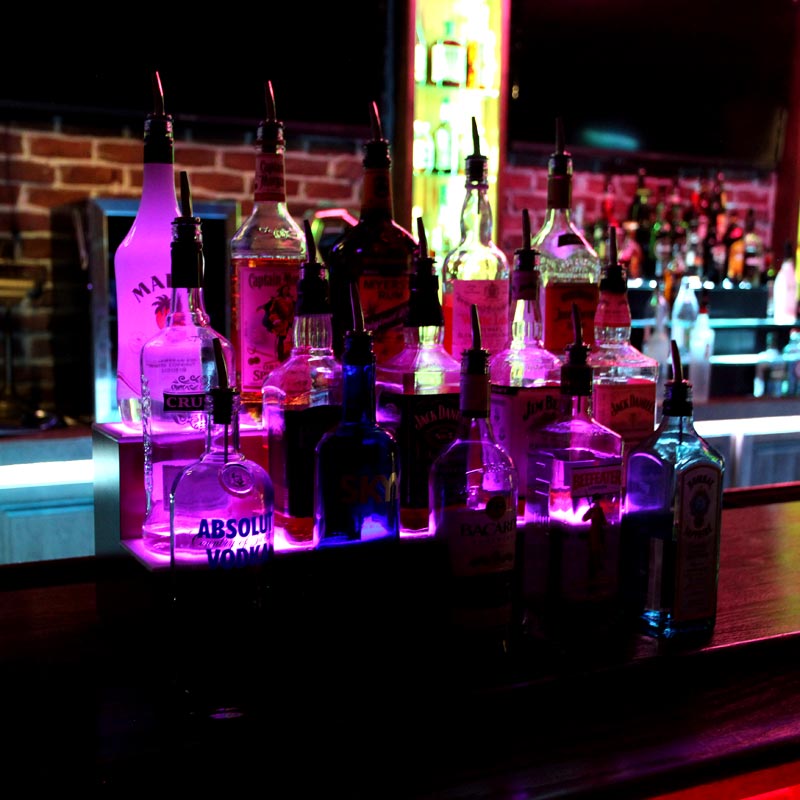 BarConic® 4-Tier LED Liquor Bottle Display Shelf with Diamond Plate Print - Adjustable Lengths for Home Bar, Restaurant, or Retail Store Lighting