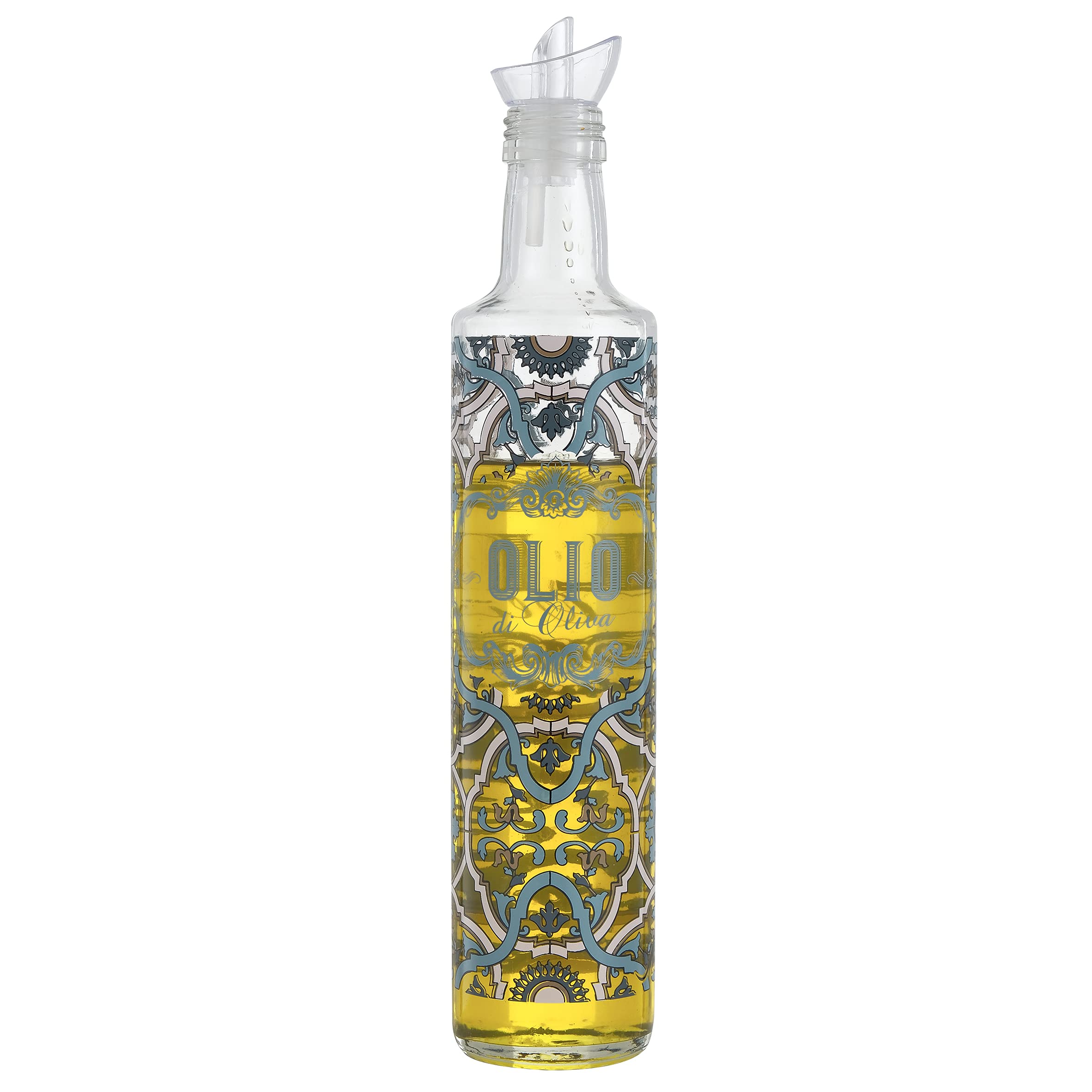 Baroni Home Inicio Oil Dispenser Bottle - Premium Glass Olive Oil Cruet with Stainless Steel Spout & Wooden Stand - Perfect for Kitchen, Dining Table & Gourmet Cooking