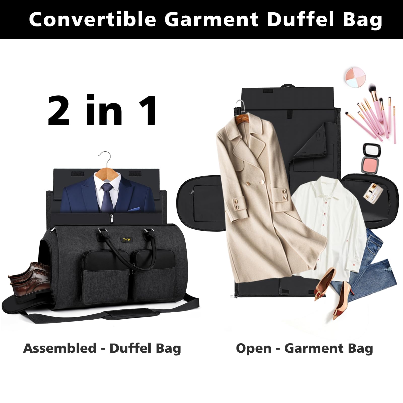 2-in-1 Convertible Travel Garment Duffle Bag Set for Men & Women - Large Carry-On Weekender with Hanging Suit Dress Clothes Organizer & Crossbody Bag (4pc) - Perfect for Business Trips, Gym & Weekend Getaways