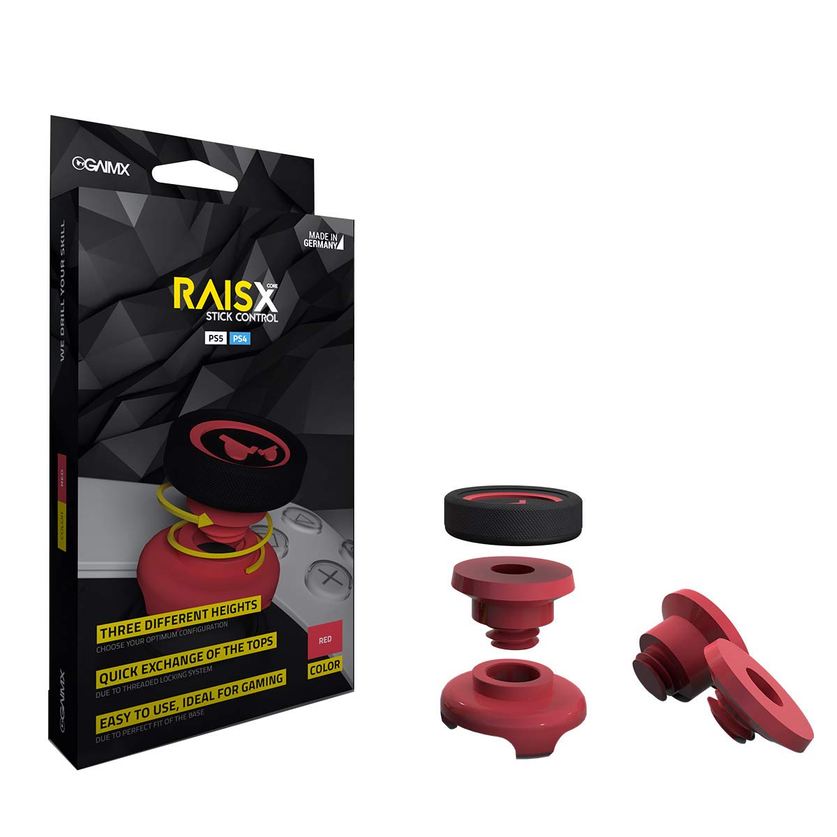 GAIMX RAISX CORE PS5 PS4 Stick Control Aim Assist - Aim Optimizer for Playstation 4 & 5 - Thumbstick Extender in Three Different Heights (Red) - Improve FPS Gaming Accuracy for Call of Duty & Fortnite