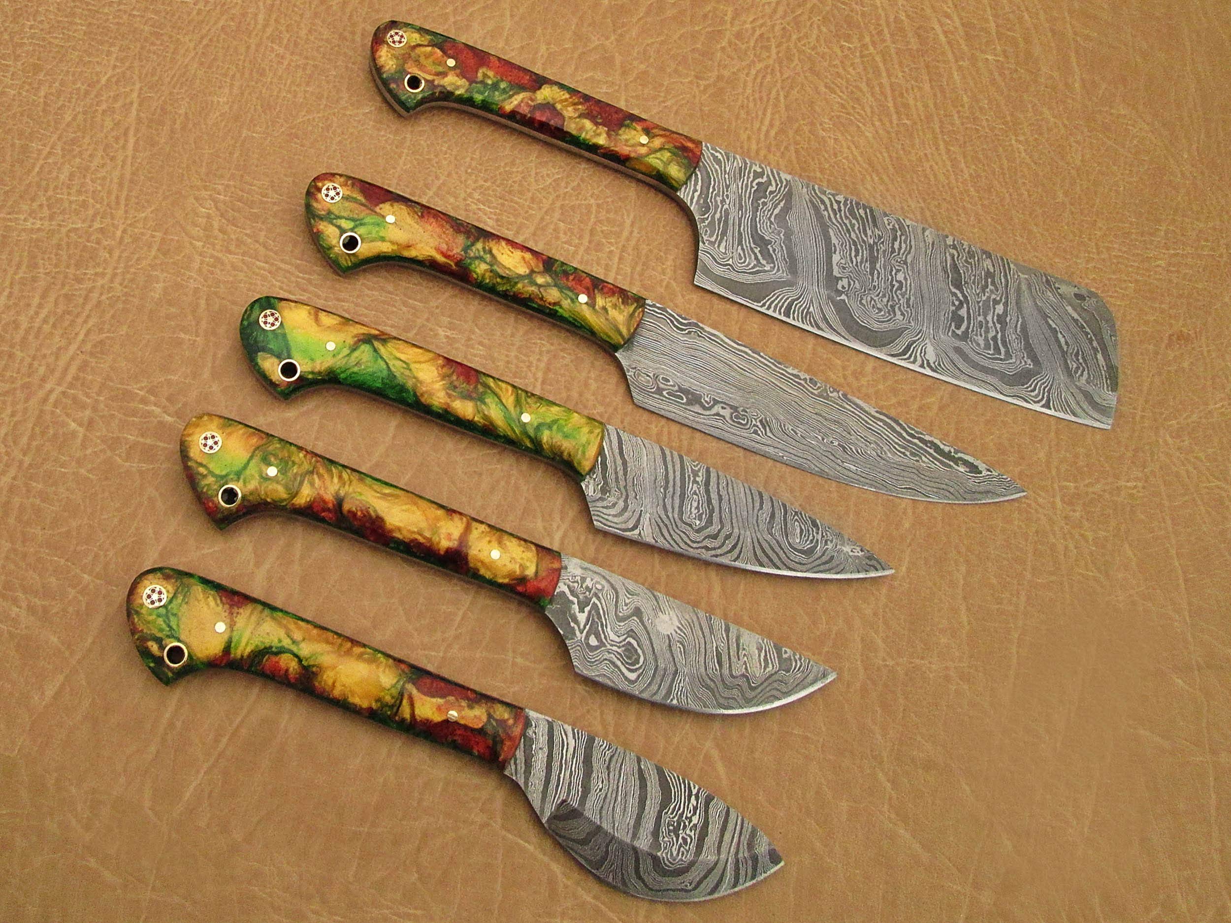 Premium 5-Piece Damascus Steel Kitchen Knife Set with Gift Box - Camouflage Orange Handle - Razor Sharp Chef Knives (10.6
