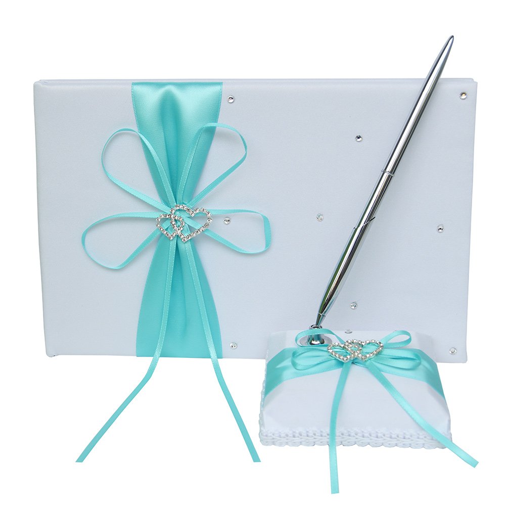 Elegant Guest Book and Pen Set Holder - Hardcover with Satin Ribbon Bow & Rhinestone Heart for Rustic Weddings, Parties, Events - Aqua Blue, 72 Pages | Perfect for Wedding Guest Books, Anniversary Signatures & Special Occasion Keepsakes