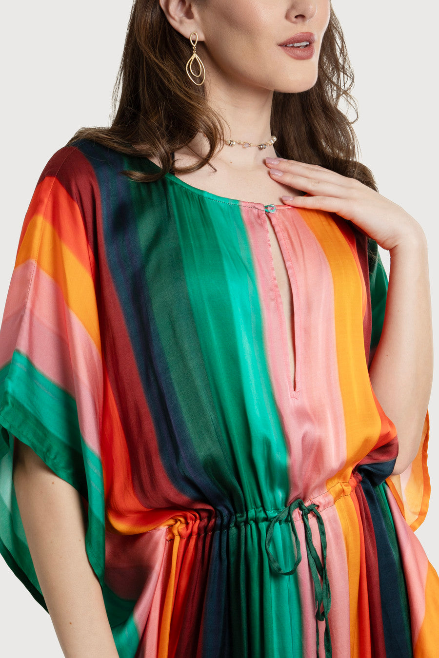 Stylish Multicolor Striped Tie-Waist Keyhole Kaftan Dress - Perfect for Beach Cover-Ups, Summer Vacations & Boho Fashion