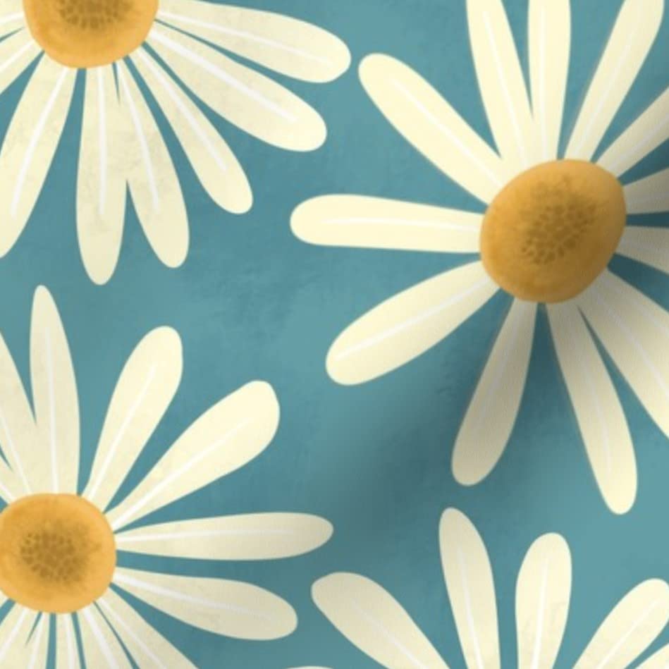 Spring Daisy Cream Blue Yellow Modern Floral Print Denim Fabric by The Yard - Botanical Garden Ivory Pattern for Apparel, Home Decor & Upholstery | Perfect for DIY Dresses, Curtains & Throw Pillows