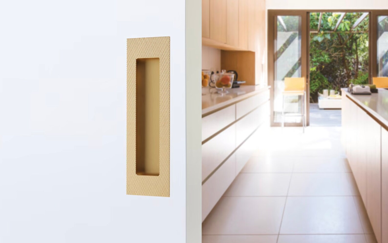 Modern Knurled Rectangular Solid Brass Recessed Door Pull - Satin Brass Finish - Cabinet & Furniture Hardware for Kitchen, Bathroom, and Office Doors