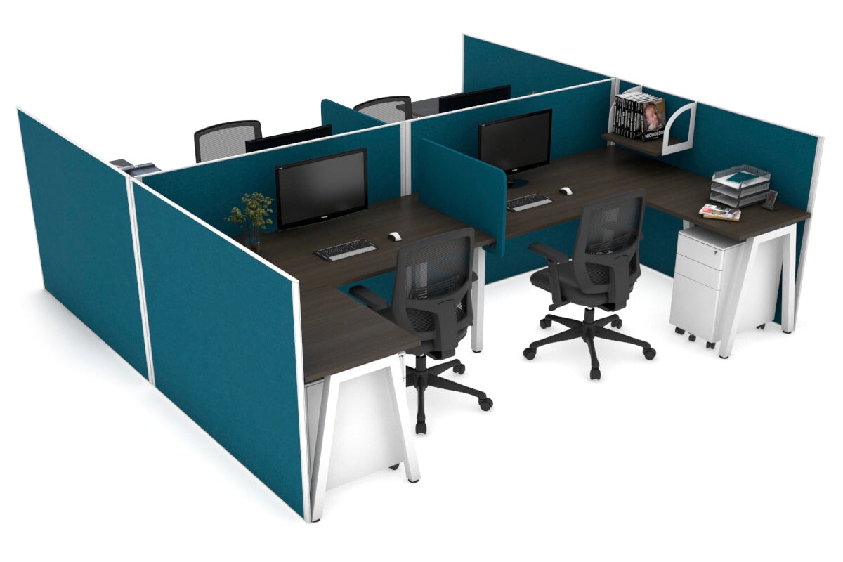 Quadro A Legs 4-Person Corner Workstation - H Configuration White Frame [1600L x 1800W with Cable Management] | Modern Office Desk for Home & Business Workspaces