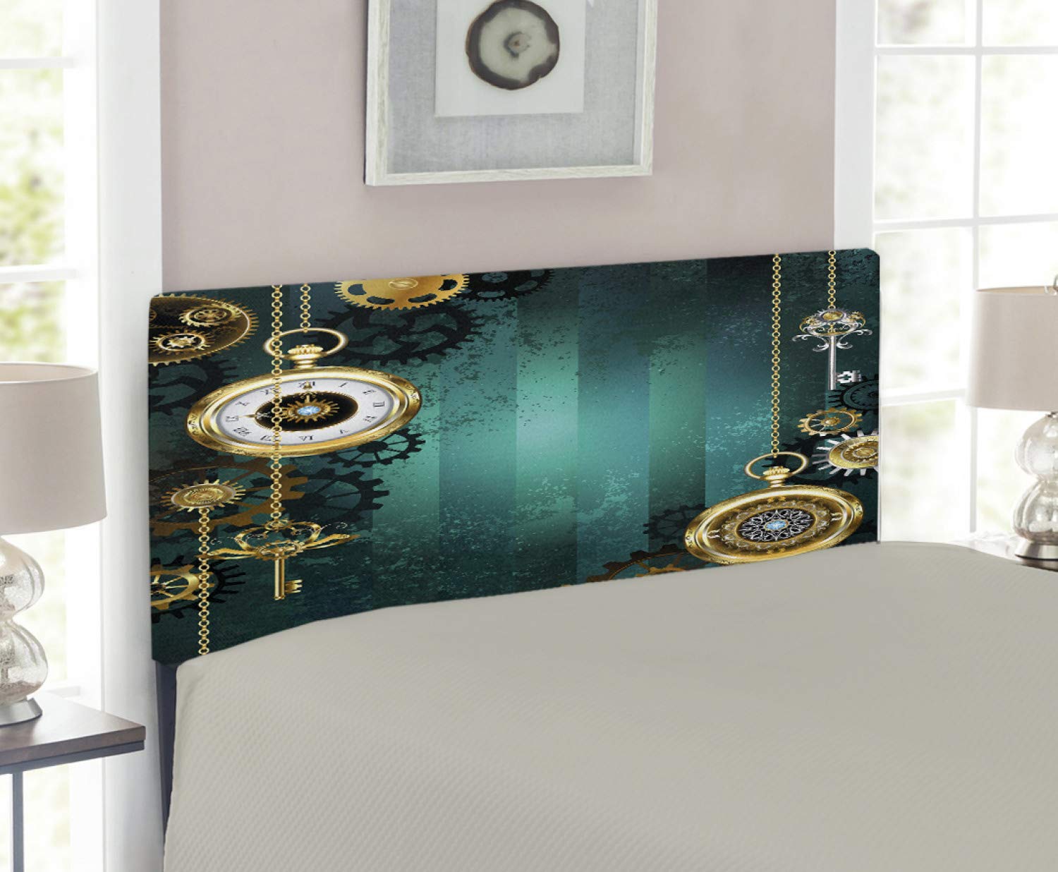 Ambesonne Industrial Headboard - Steampunk Antique Watches, Keys & Chains Design, Upholstered Metal Bed Frame with Memory Foam - Twin Size Multicolor - Perfect for Vintage & Industrial Bedroom Decor
