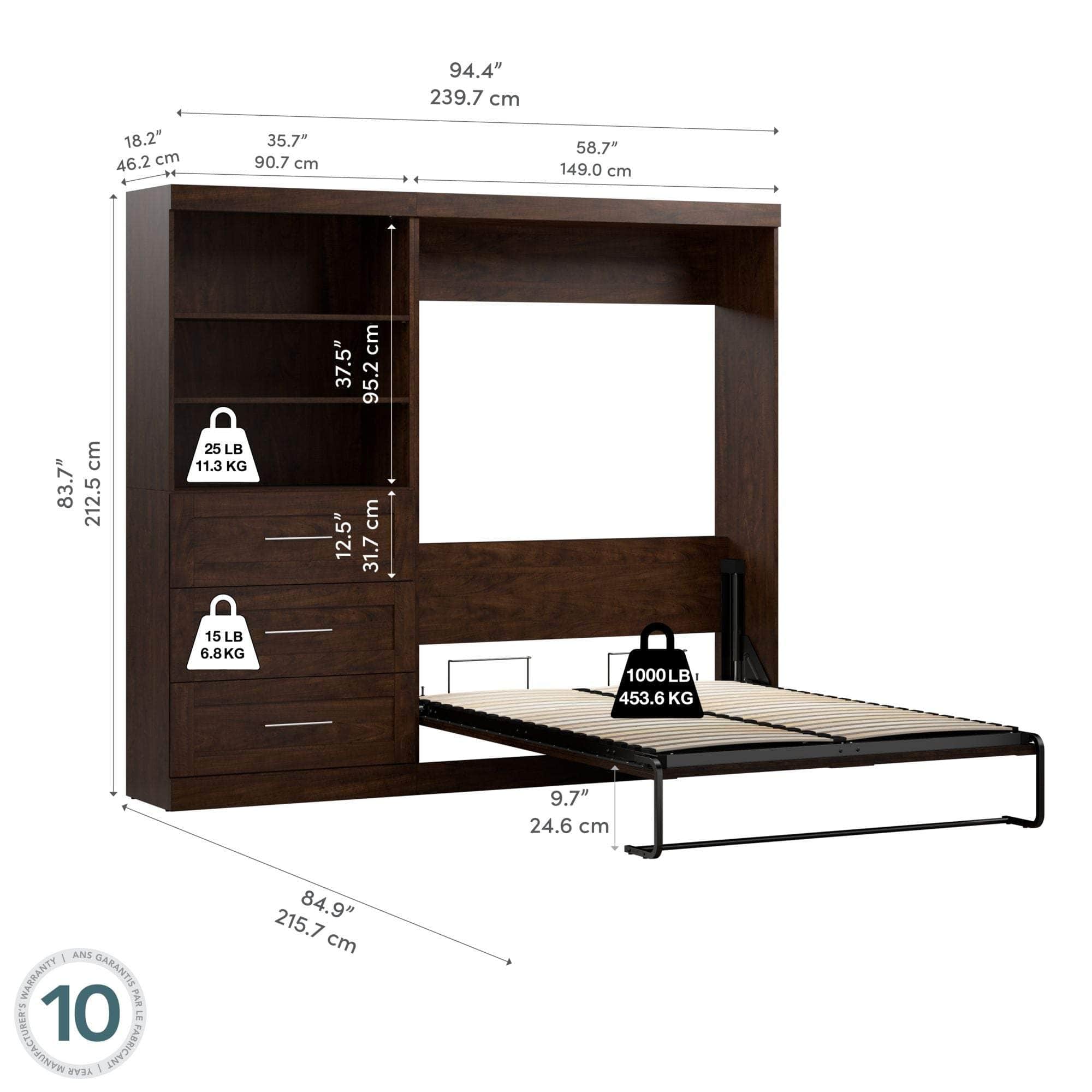 Pur Full Murphy Wall Bed with Storage Drawers - Space-Saving Foldable Bed for Small Apartments & Guest Rooms (95W, 3 Color Options)
