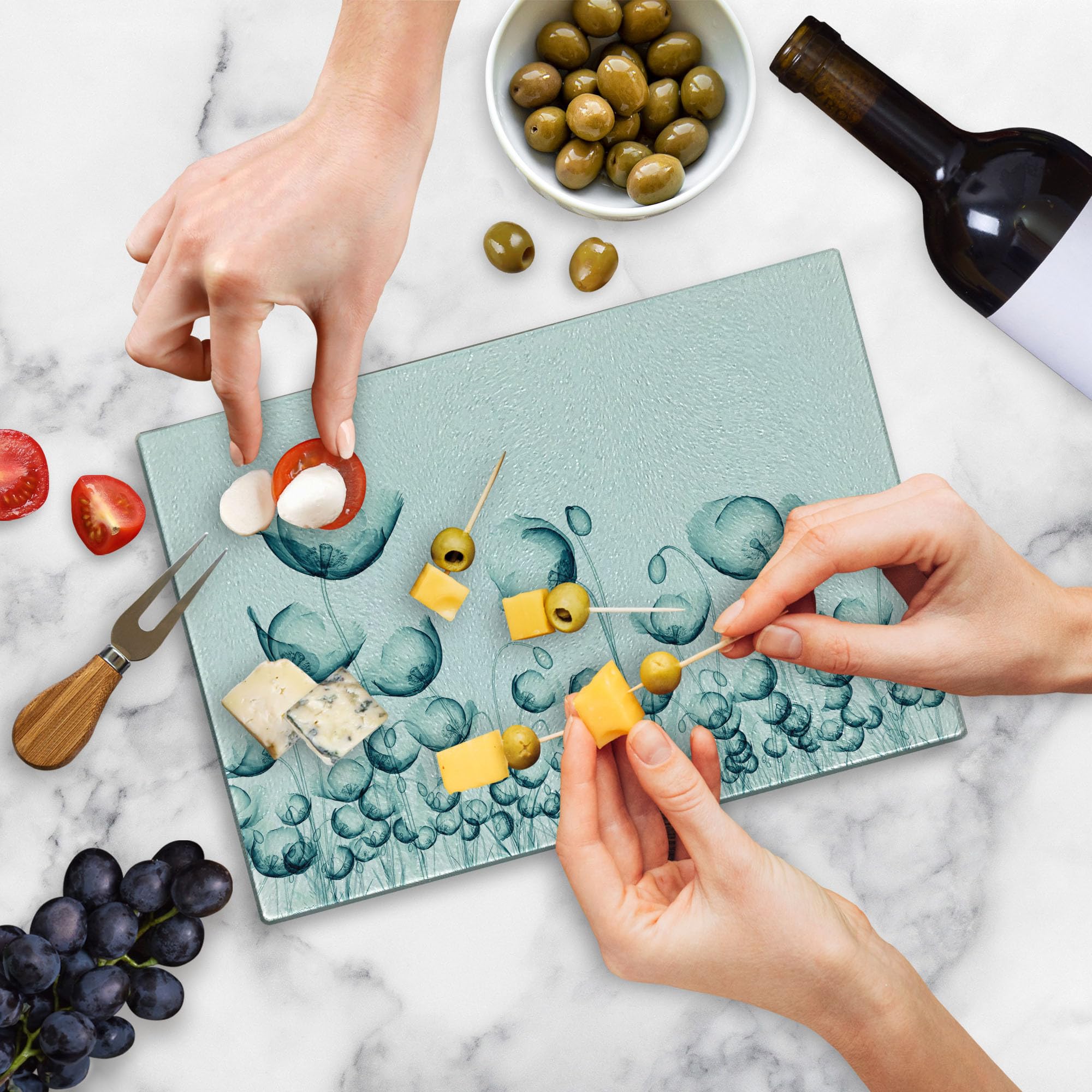 Ambesonne Poppy Flower X-Ray Art Cutting Board - Tempered Glass Serving Tray for Cheese, Charcuterie & Appetizers - Unique Nature-Inspired Kitchen Decor - Small Size in Teal & White - Perfect for Entertaining & Gifts