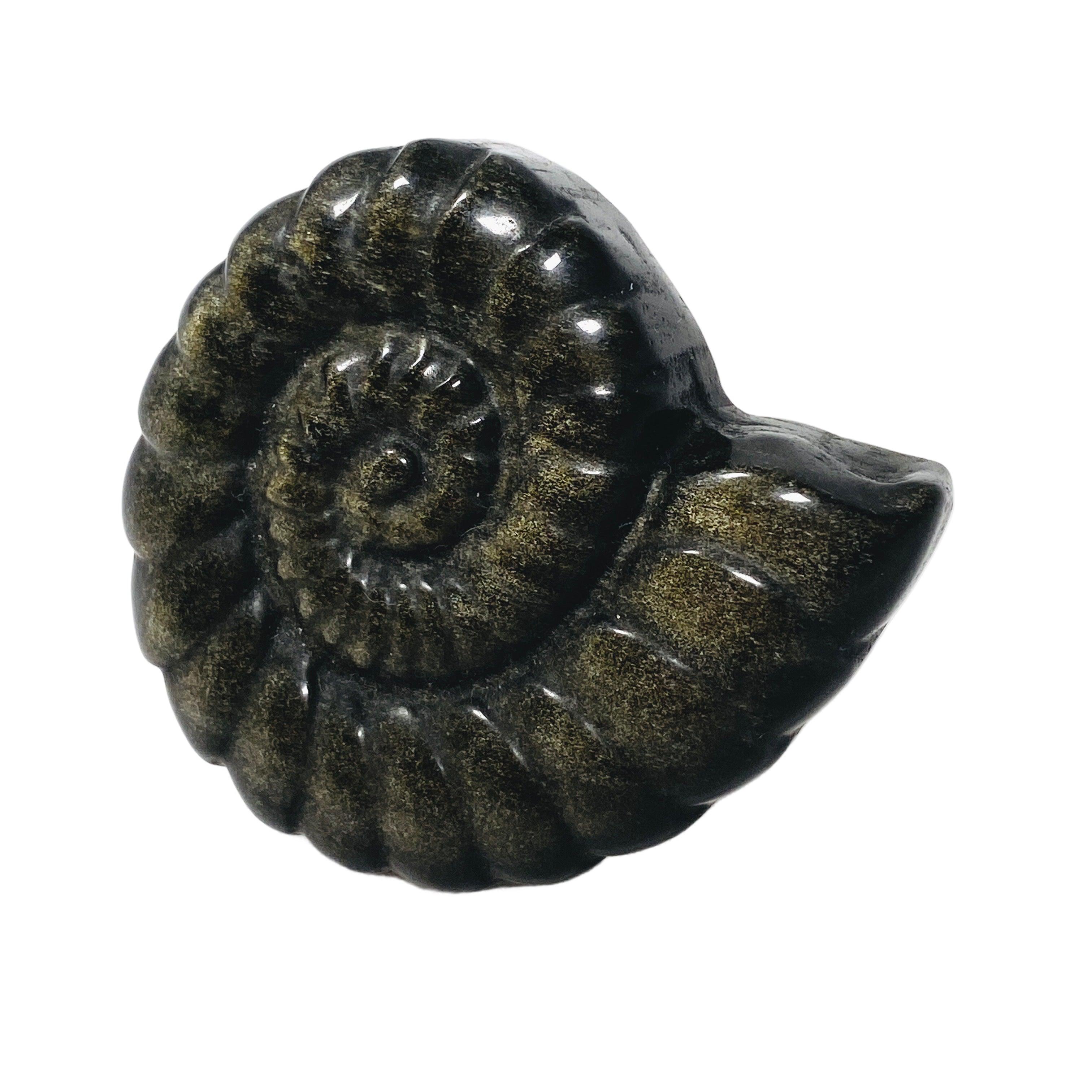 Natural Ammonite Gold Sheen Obsidian Carving AMC01 - Handmade Healing Stone for Meditation, Yoga & Spiritual Decor