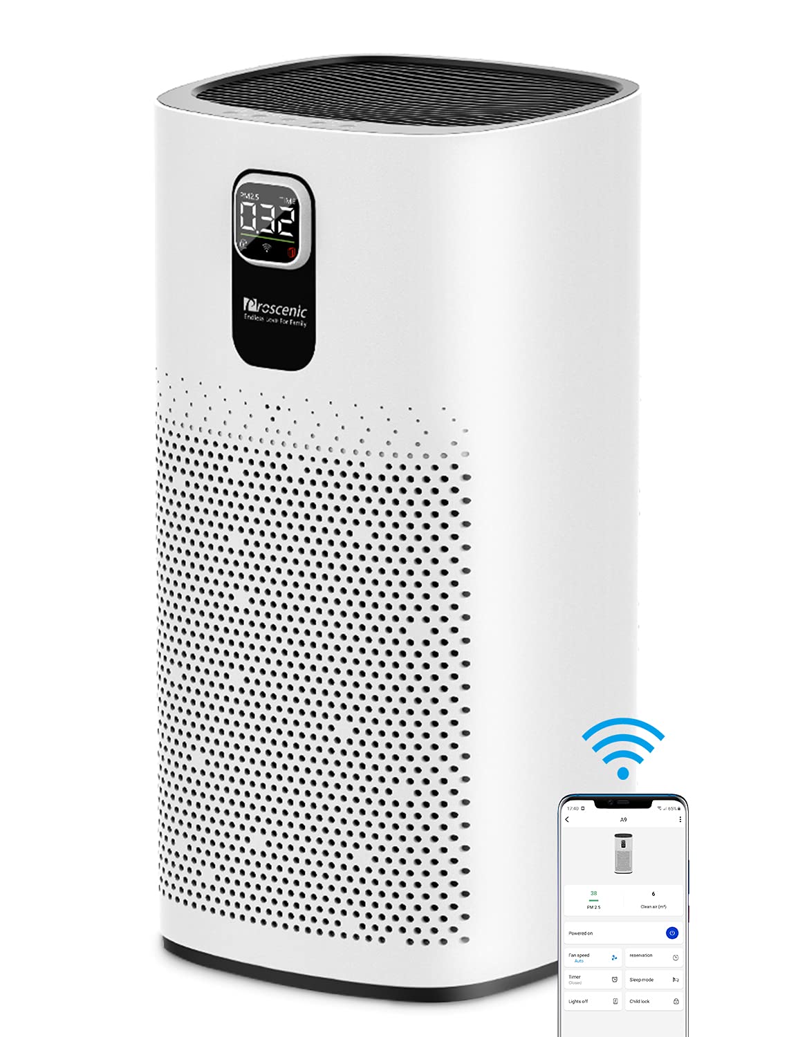 Proscenic A9 WiFi Air Purifier for Large Rooms up to 2,904 sq ft - H13 True HEPA Filter Removes 99.97% of Dust, Pollen & Pet Dander - Ultra Quiet 25dB for Bedroom, Office & Living Room - Smart Home Air Cleaner with App Control