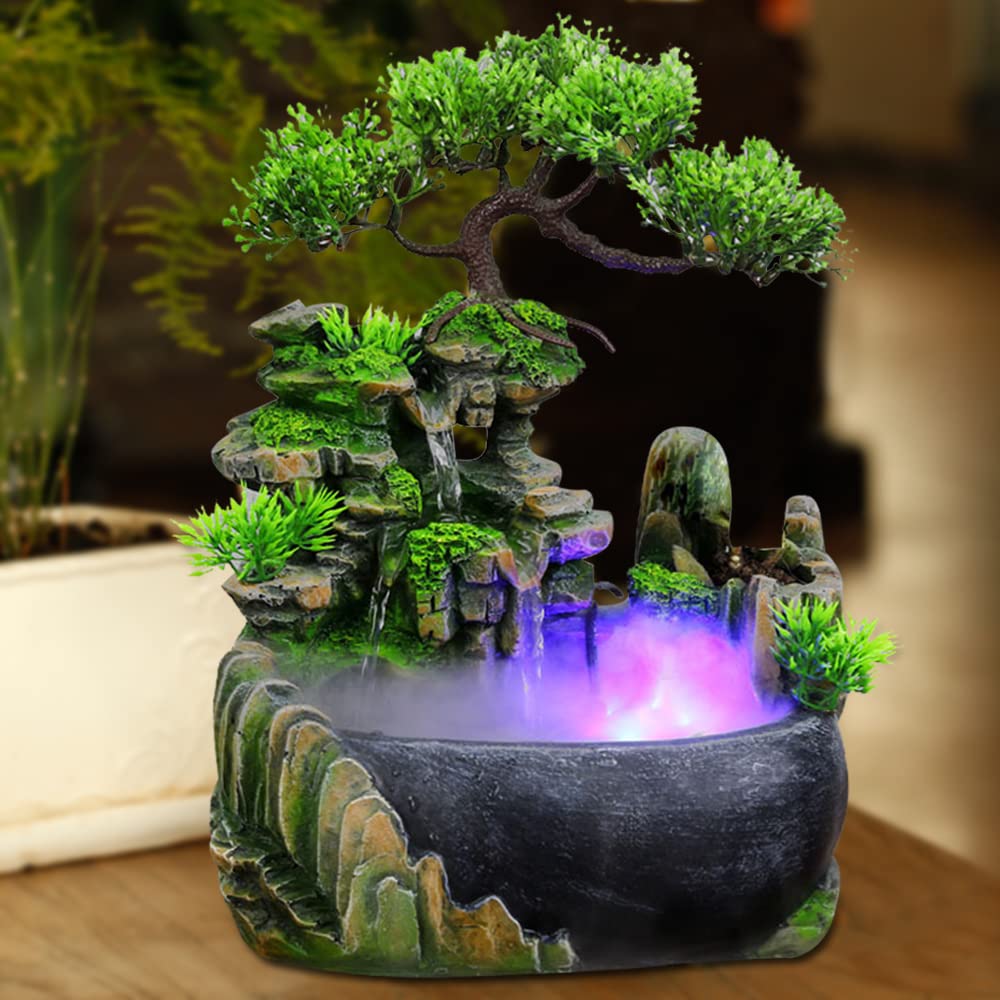 Indoor Tabletop Fountain with Rockery, Waterfall, Plants & LED Light - Desktop Water Feature & Humidifier for Office, Home, Bedroom Decor | US Stock | Perfect for Relaxation, Meditation & Stress Relief