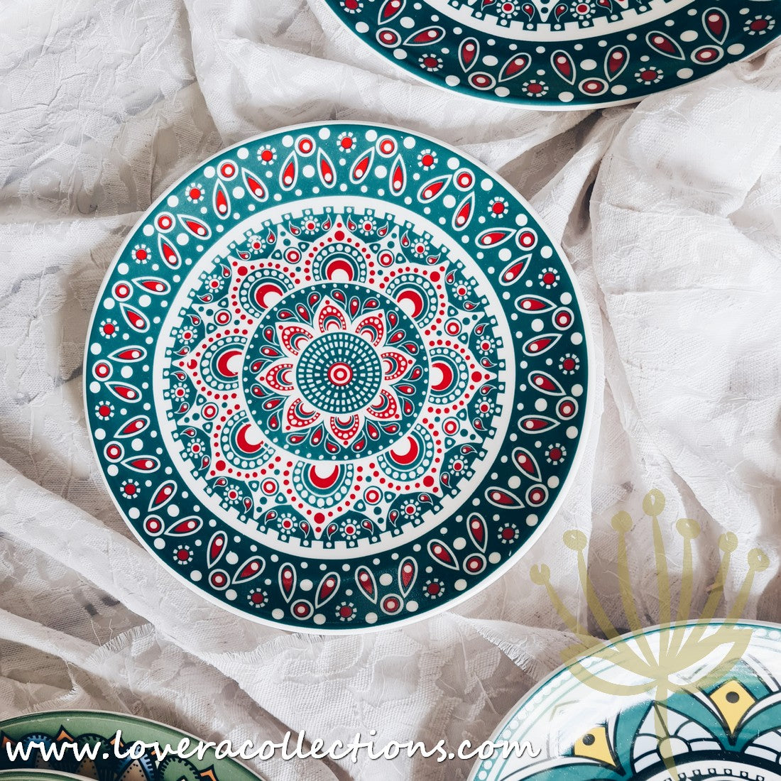Mandala Green & White Salad Plate Set - Elegant Hand-Painted Ceramic Dinnerware for Home & Restaurant Use - Perfect for Salads, Appetizers, Desserts & Party Serving