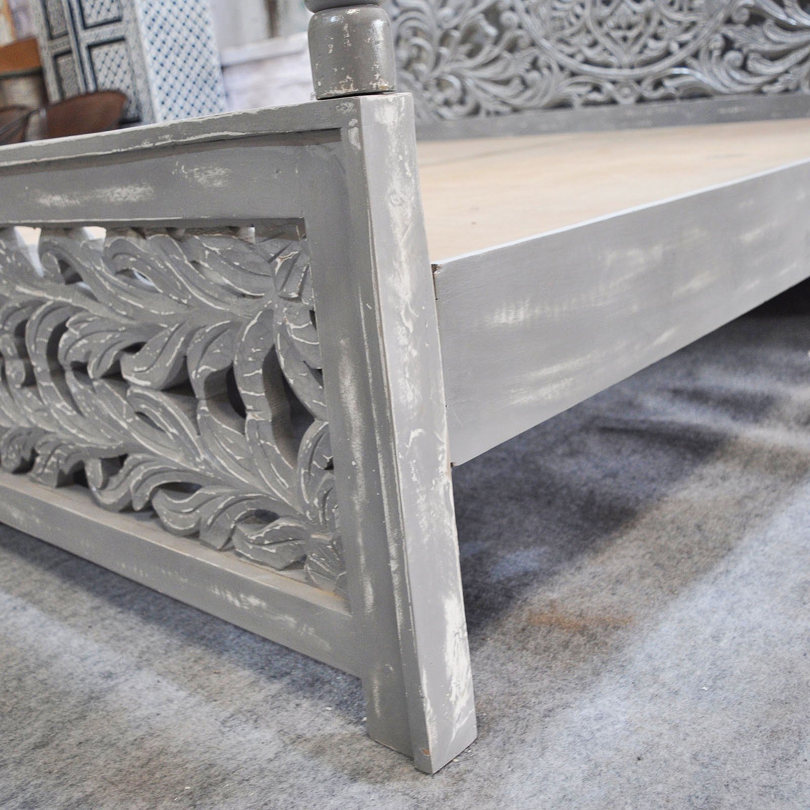 Hand Carved Indian Wooden 4 Poster Bed Frame - Grey Finish | Solid Wood King Size Bed with Canopy | Perfect for Master Bedroom, Boho Chic Decor & Luxury Bedroom Design