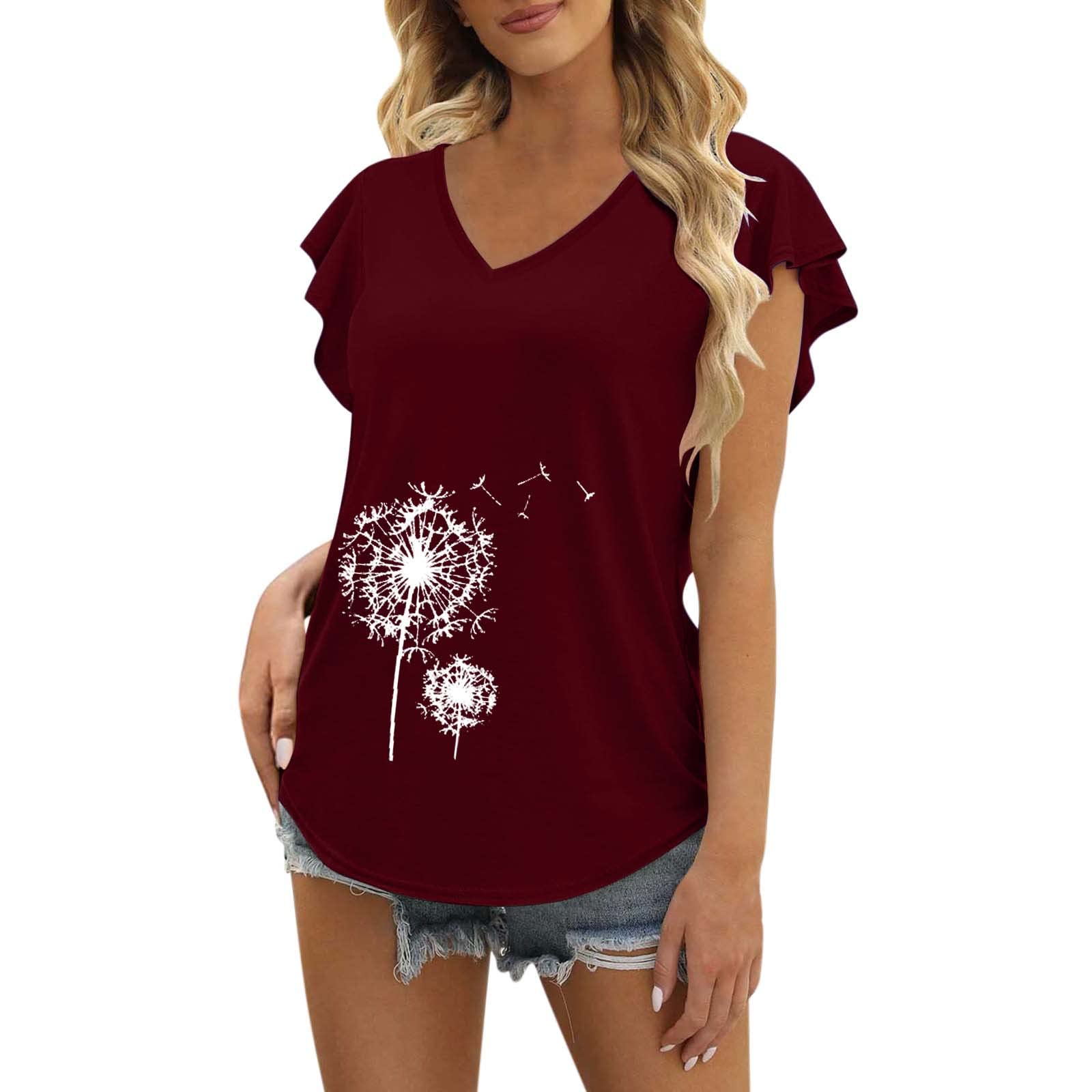 Women's Summer V-Neck Ruffle Short Sleeve Tunic Top - Casual Flowy Blouse Shirt for Beach, Vacation & Everyday Wear | Pullover T-Shirt Tops