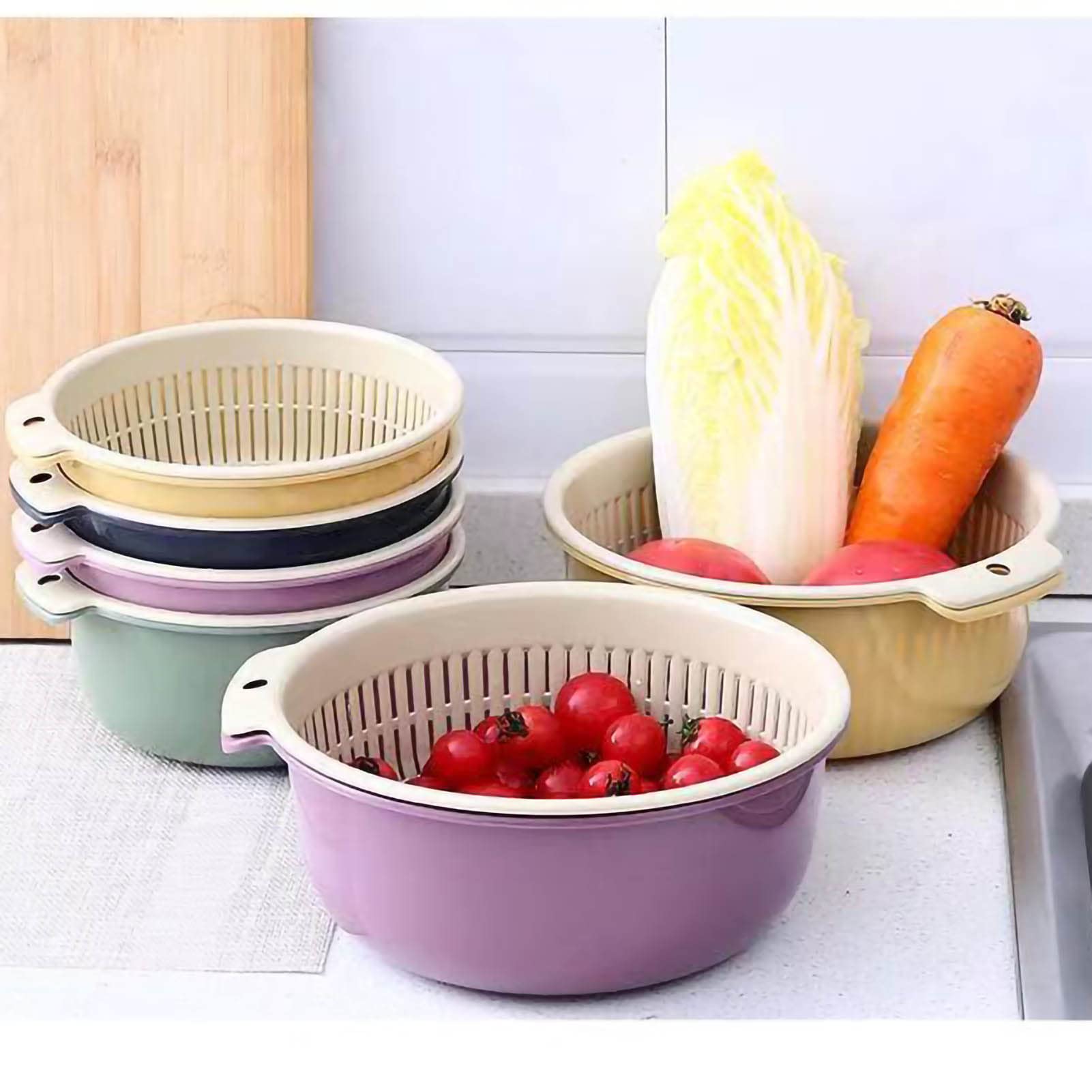 Double-Layered Vegetable and Fruit Washing Basket - Large Kitchen Colander Strainer Bowl Set for Draining Fresh Produce | Perfect for Salad Prep, Berry Washing & Healthy Cooking