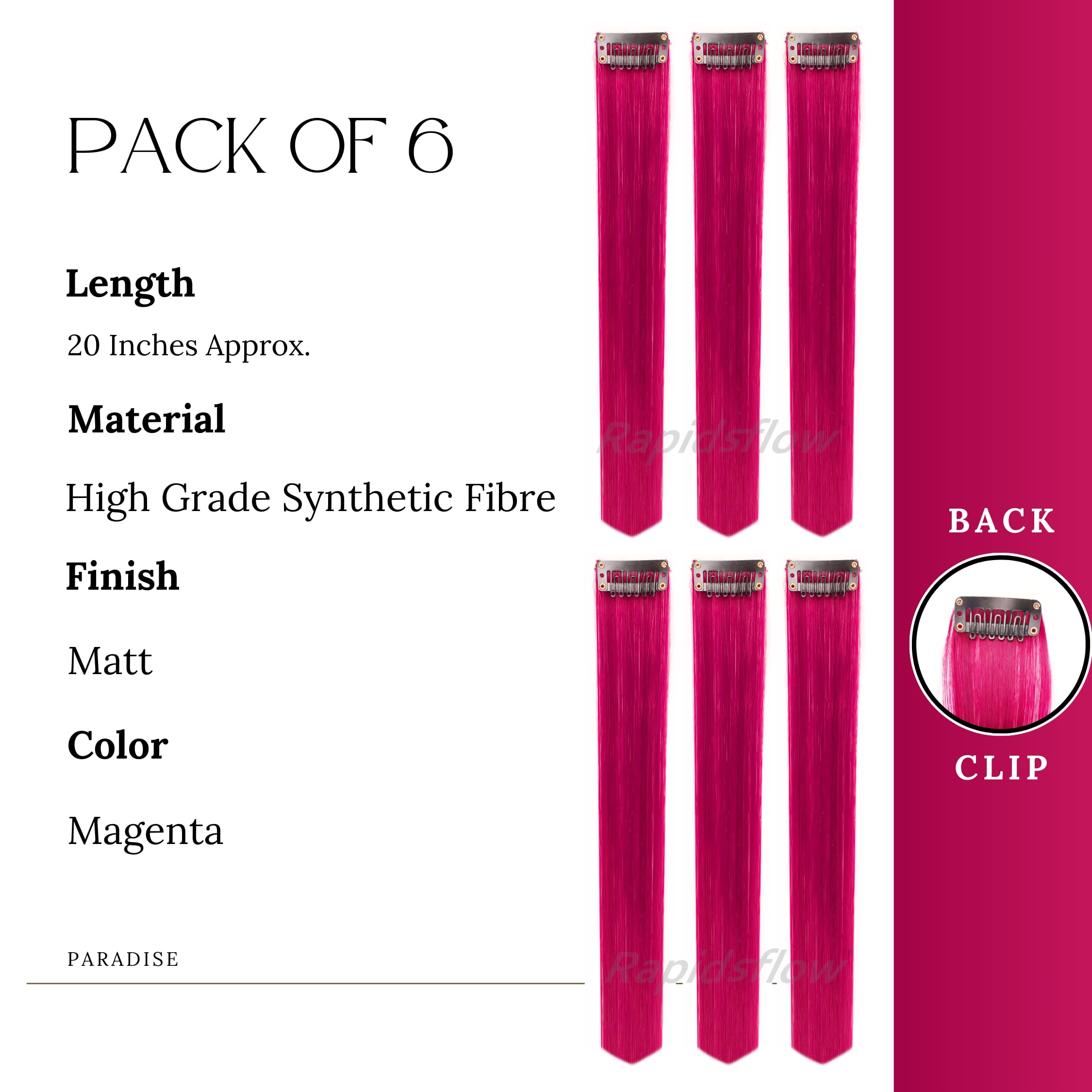 Paradise® Magenta Clip-in Hair Extensions 22 Inches - 6 Pack Straight Synthetic Hair Wefts for Women & Girls | Vibrant Colored Hair Streaks for Cosplay, Halloween, Parties & Daily Fashion Styling