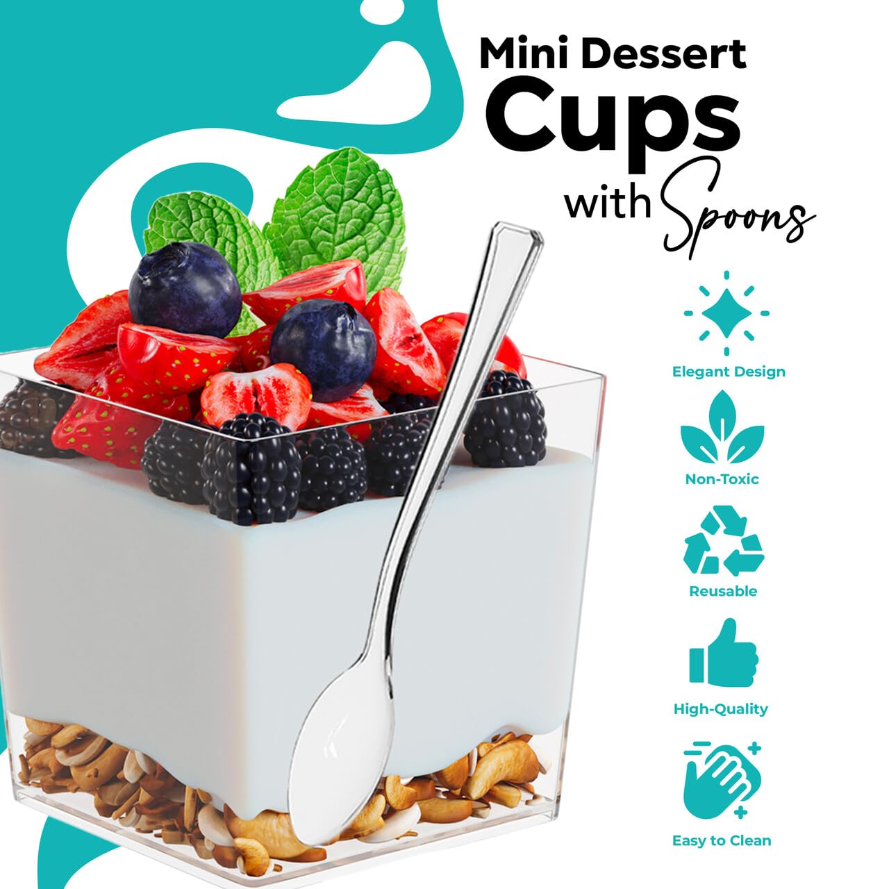 200 Pcs 3.6 Oz Disposable Square Plastic Dessert Cups with Mini Spoons - Elegant Mini Parfait & Appetizer Cups for Parties, Weddings, Catering, and Dessert Tastings | Perfect for Ice Cream, Pudding, Fruit Salads, and Cocktail Garnishes