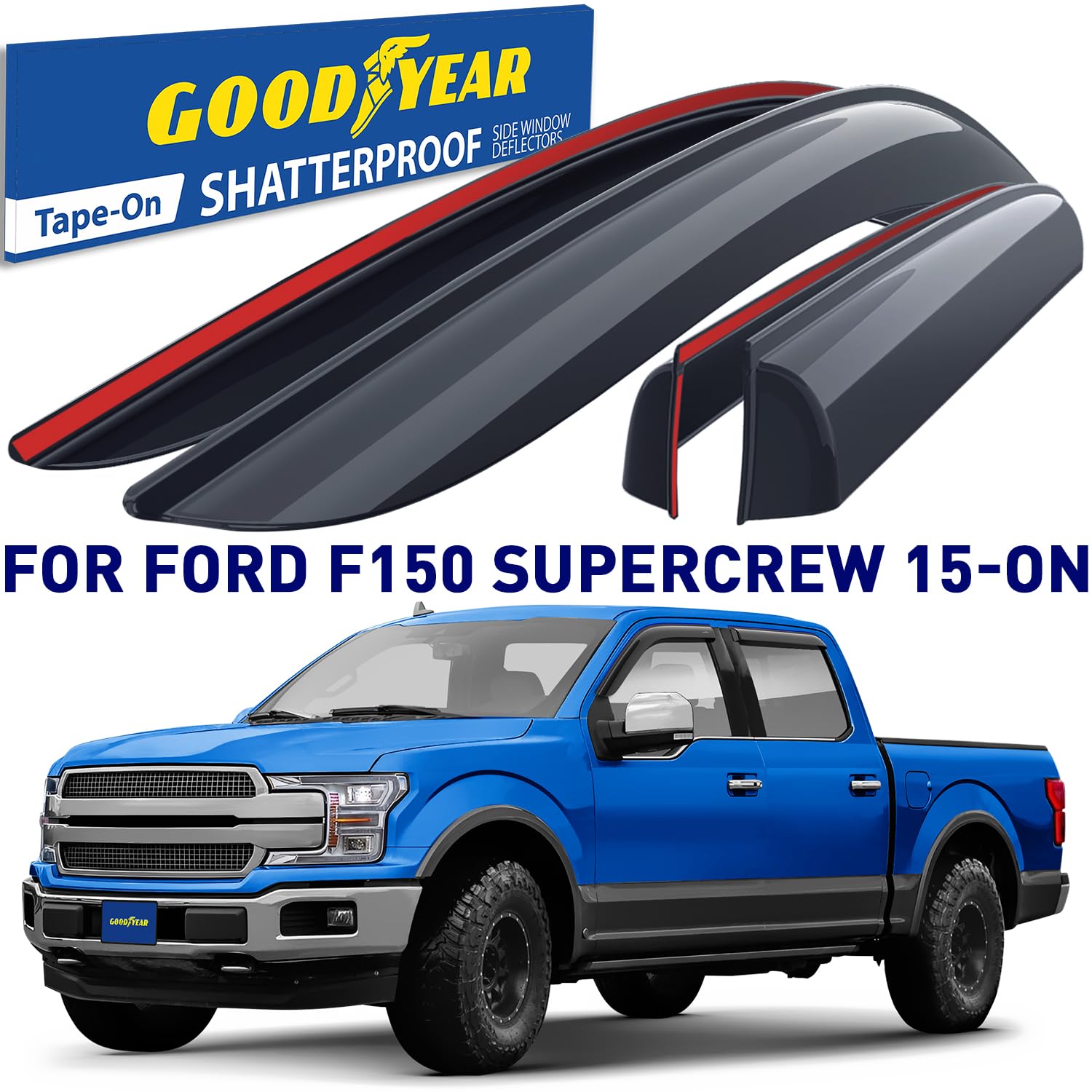 Goodyear Shatterproof Side Window Deflectors for Ford F150 2015-2025 SuperCrew - 4pc Tape-on Vent Visor Rain Guards - Truck Accessories for Weather Protection & Improved Airflow - Perfect for Highway Driving & All-Season Use