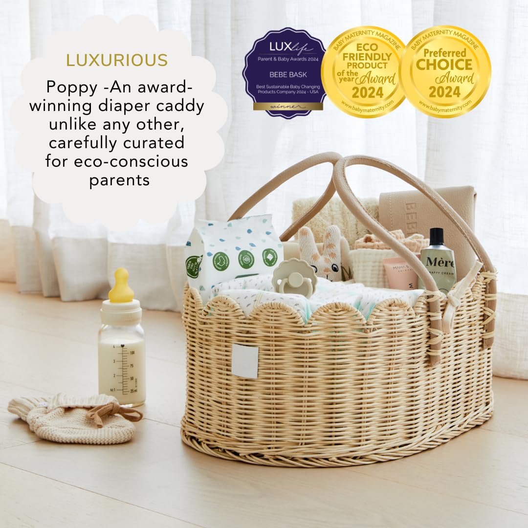 Premium Baby Diaper Caddy Organizer - Handmade Rattan Storage Basket with Scalloped Edge - Award-Winning Nursery Organizer for Diapers, Wipes & Baby Essentials - Perfect for Baby Showers, Nursery Decor & Gift Giving (Natural)