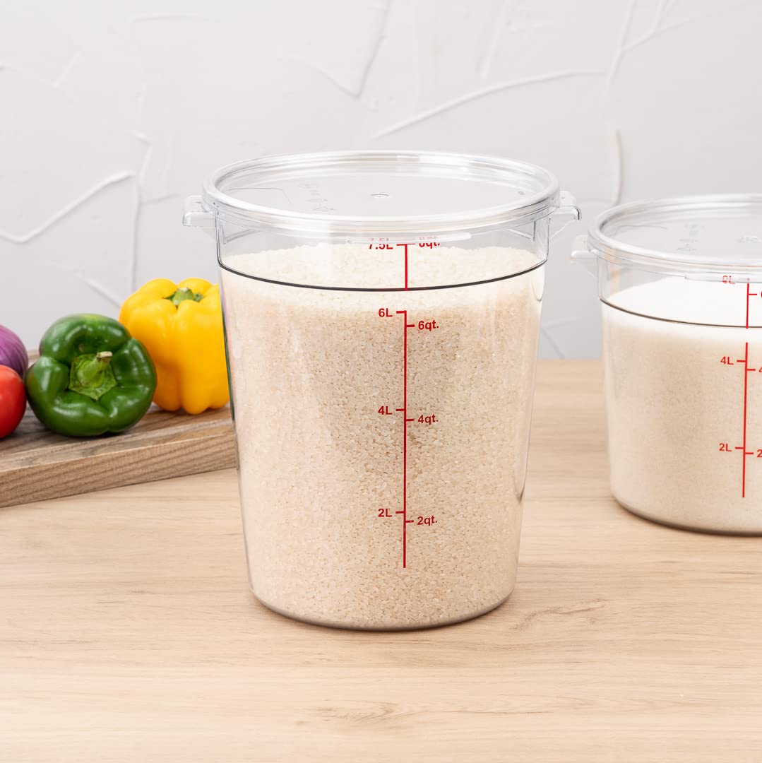 Restaurantware Met Lux 8 Quart (7.6L) Clear Plastic Food Storage Containers - 10-Pack Round Commercial Food Prep Buckets with Volume Markers, Lids Sold Separately | Space-Saving Kitchen Organization for Restaurants, Catering & Bulk Food Storage