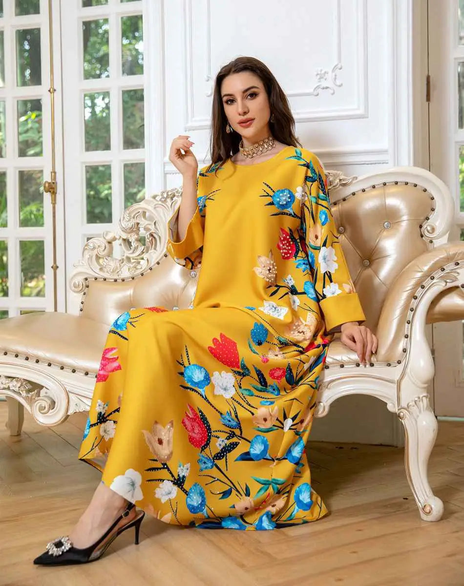 Elegant Eid Dress for Women - Arab Printed Kaftan Caftan Abaya Dress with Long Sleeves - Perfect for Eid Celebrations, Weddings & Special Occasions