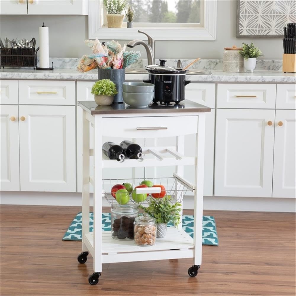 Linon Raven Stainless Steel Rolling Kitchen Island Cart with Wheels, Wine Rack, Pull-Out Drawer & Storage Basket - White | Mobile Microwave Stand for Small Spaces, Extra Counter Space & Kitchen Organization