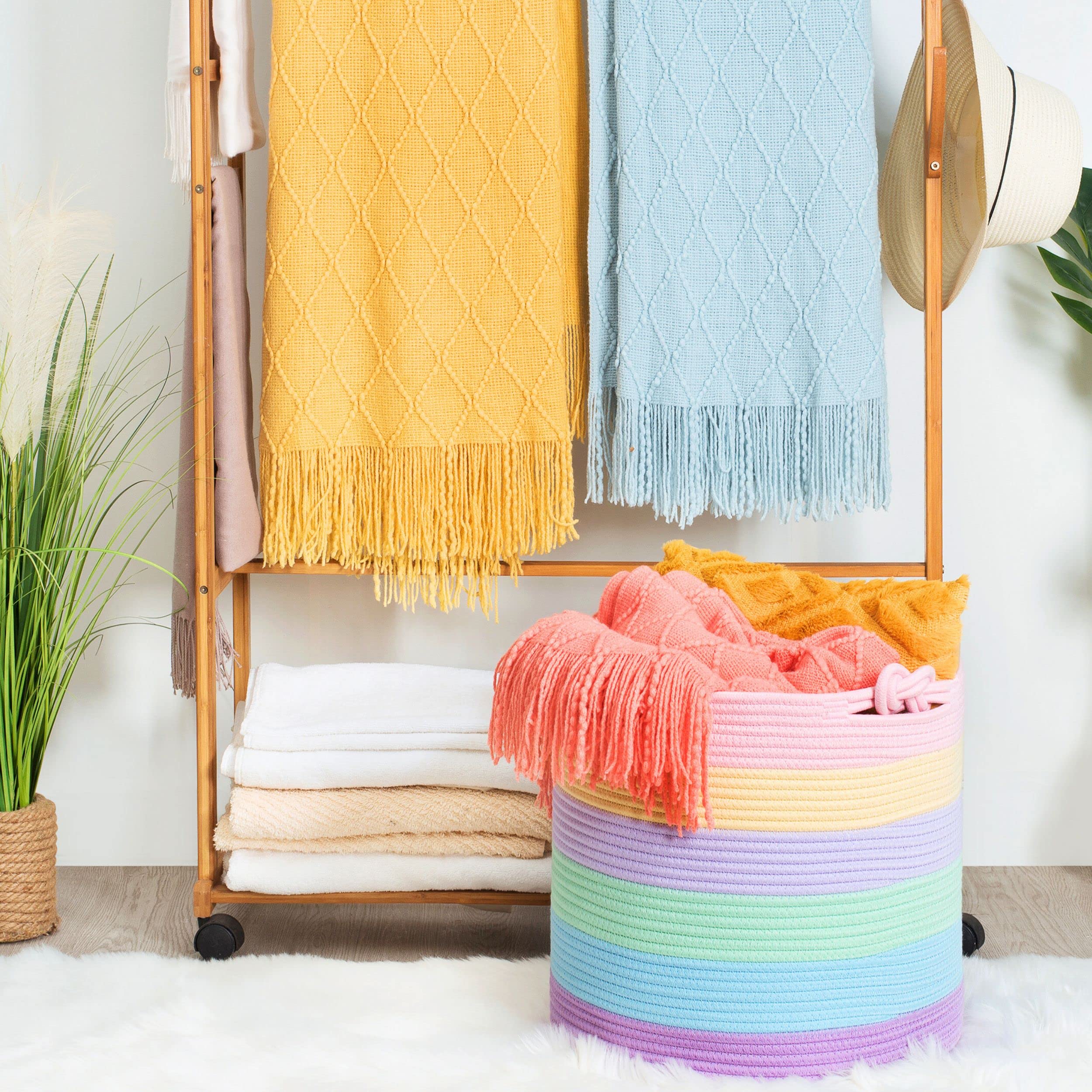 MINTWOOD 15 x 14.2 Inch Woven Cotton Rope Storage Basket - Pastel Rainbow Toy Organizer, Laundry Hamper, Nursery Decor, Pet Toy Bin, Blanket Holder - Perfect for Kids Room, Bathroom & Home Organization