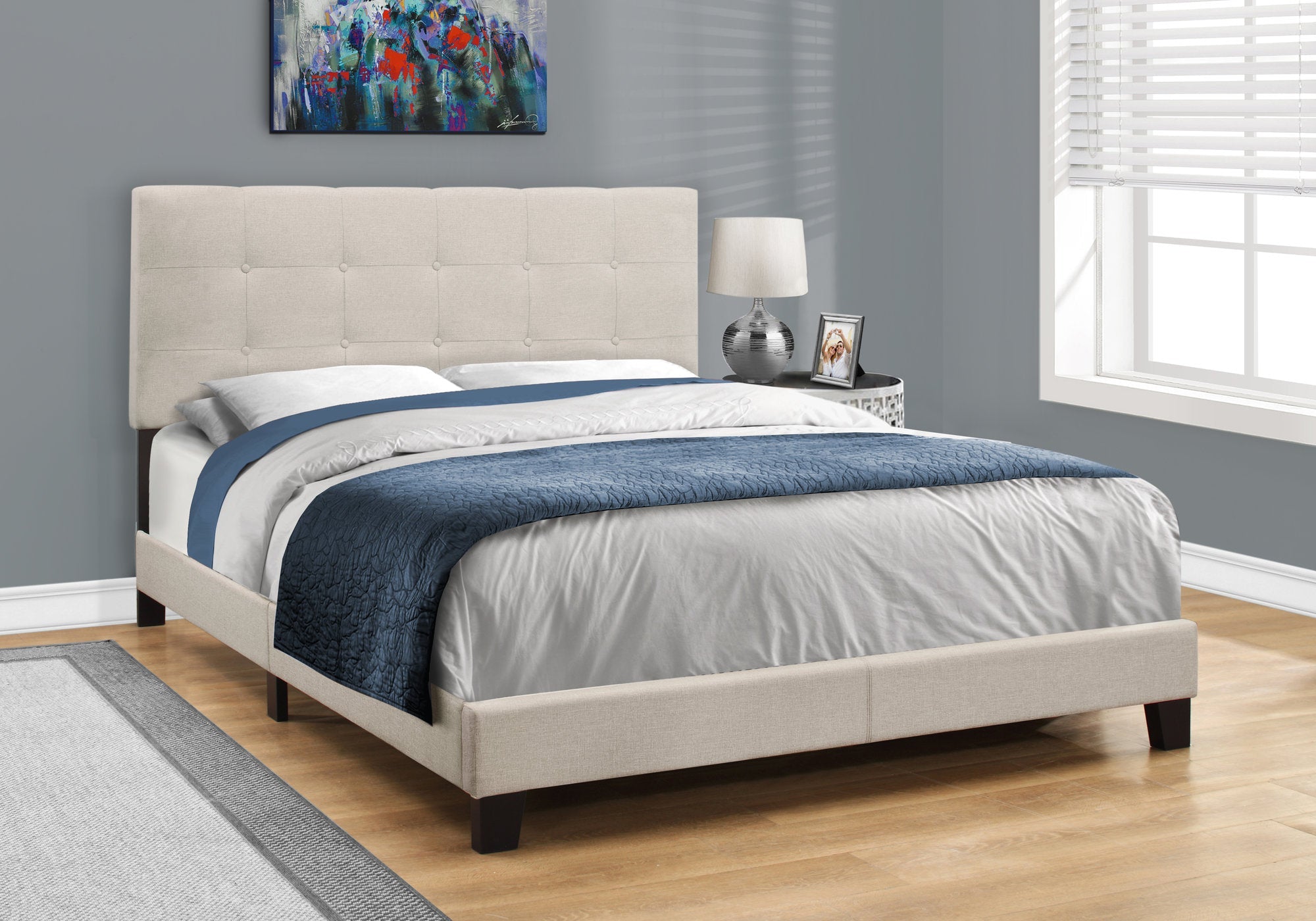 Queen Size Beige Linen Bed Frame - Modern Platform Bed with Sturdy Wooden Slats Support | Perfect for Master Bedroom, Guest Room & Small Space Decor