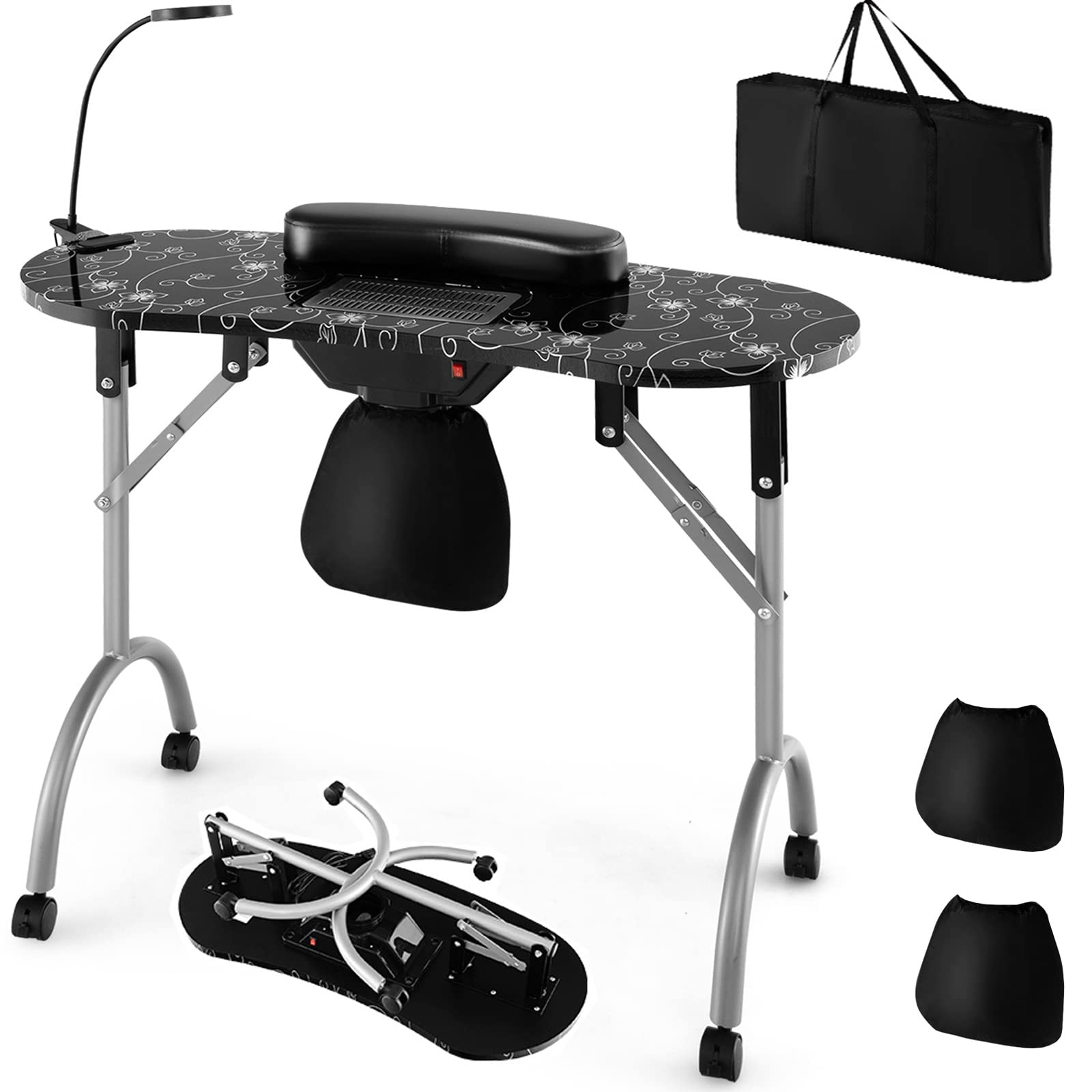 Giantex Professional Portable Nail Table for Manicurists - Electric Dust Collector, USB LED Lamp, Wrist Rest & 4 Lockable Wheels - Foldable Nail Tech Desk with Carry Bag (Black) | Perfect for Salon, Home Use & Mobile Nail Services