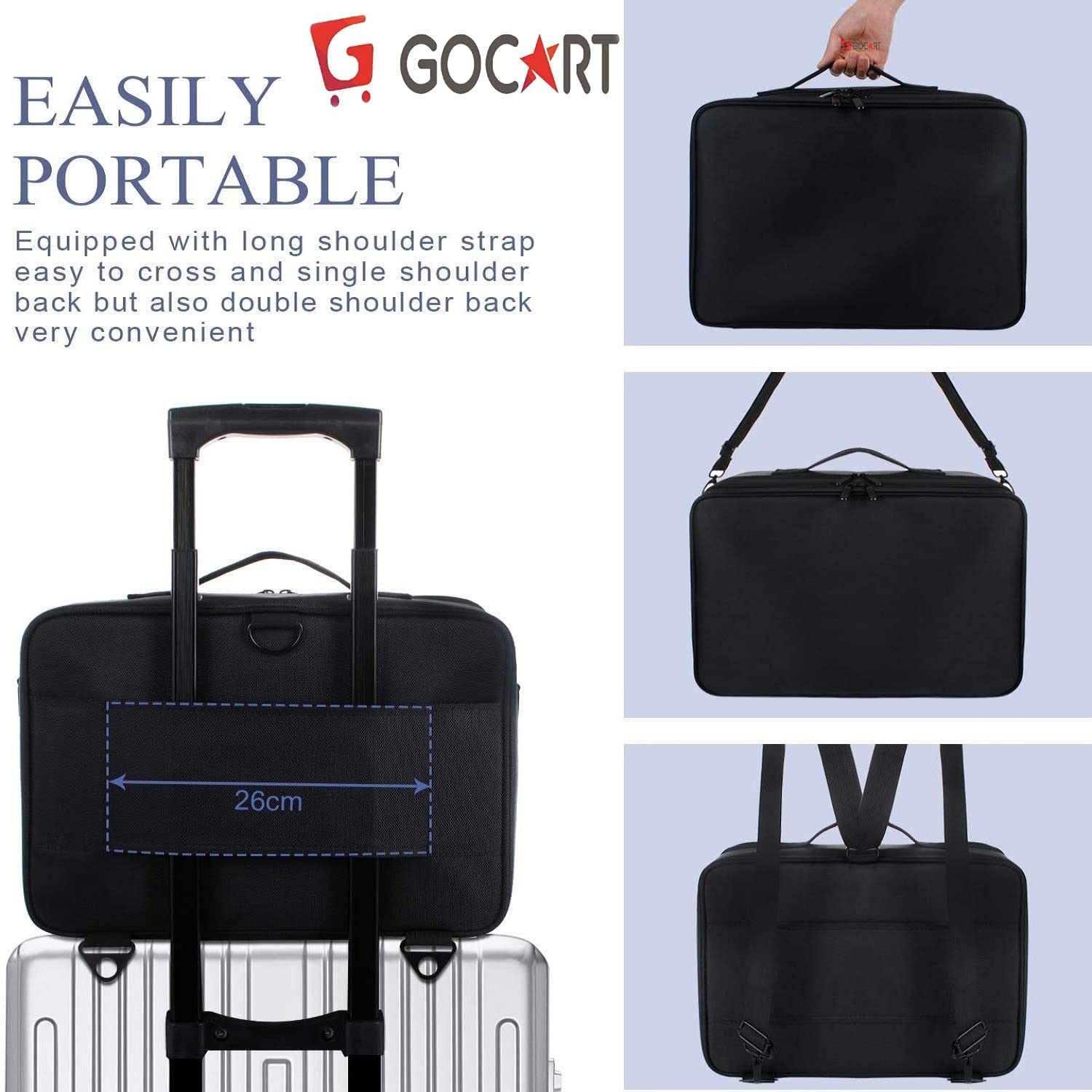 GOCART WITH G LOGO 18 Inch Black Train Case Makeup Organizer - Adjustable Dividers, Vanity Storage Box for Cosmetics & Beauty Tools | Perfect for Travel, Salon & Home Use
