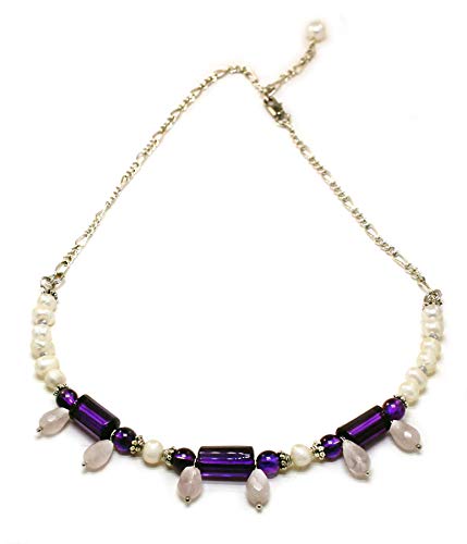 Adjustable Silver-Plated Amethyst Rose Quartz Freshwater Pearl Memory Wire Necklace - Spiritual Healing Jewelry for Meditation, Yoga & Energy Balancing