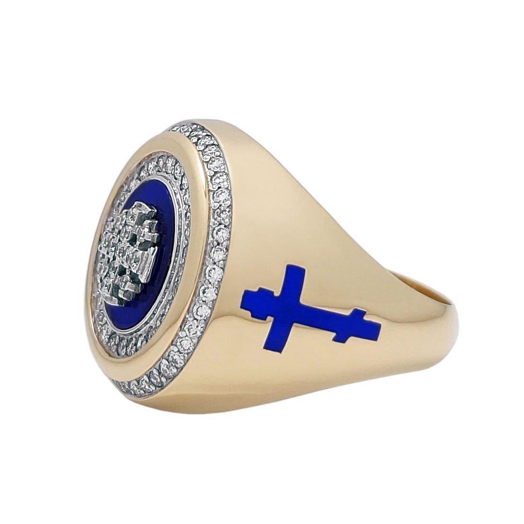 14K Gold Men's Jerusalem Cross Signet Ring with Diamonds & Blue Enamel - Luxury Religious Jewelry for Gifts, Weddings & Special Occasions