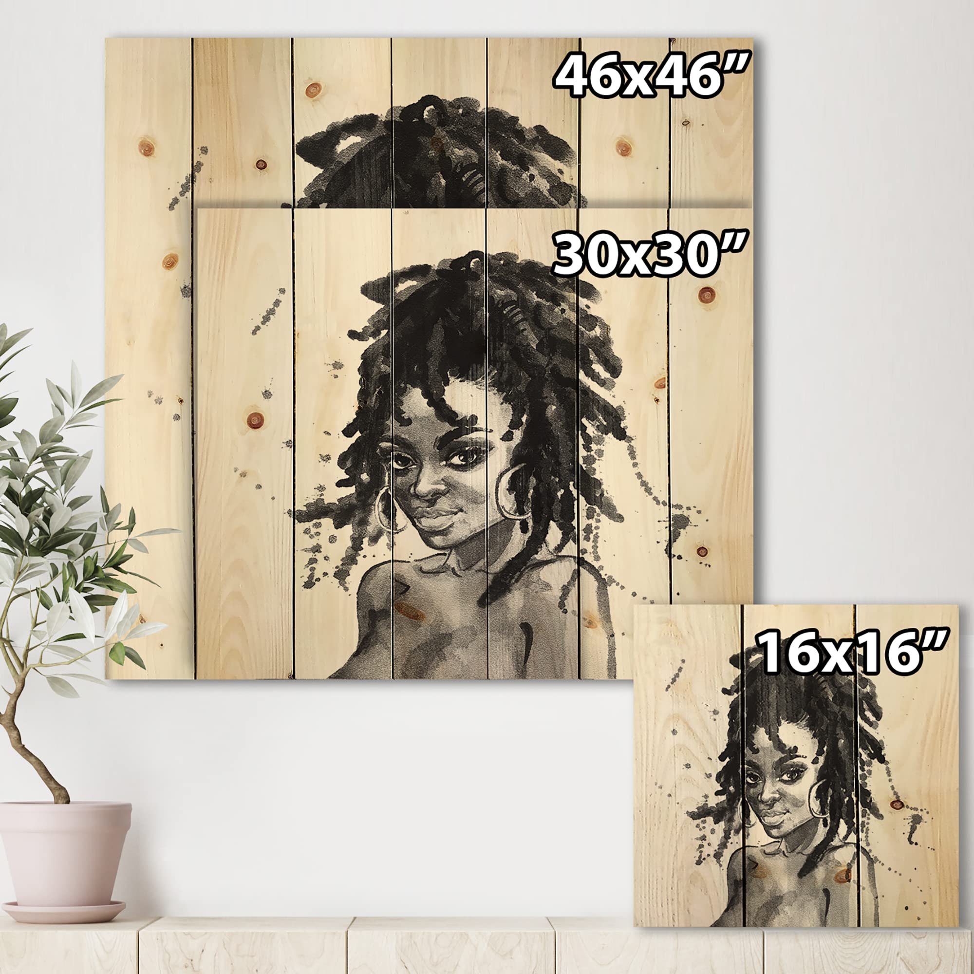 Modern African American Woman Portrait Wood Wall Art - Large Black & White Pine Decor for Living Room