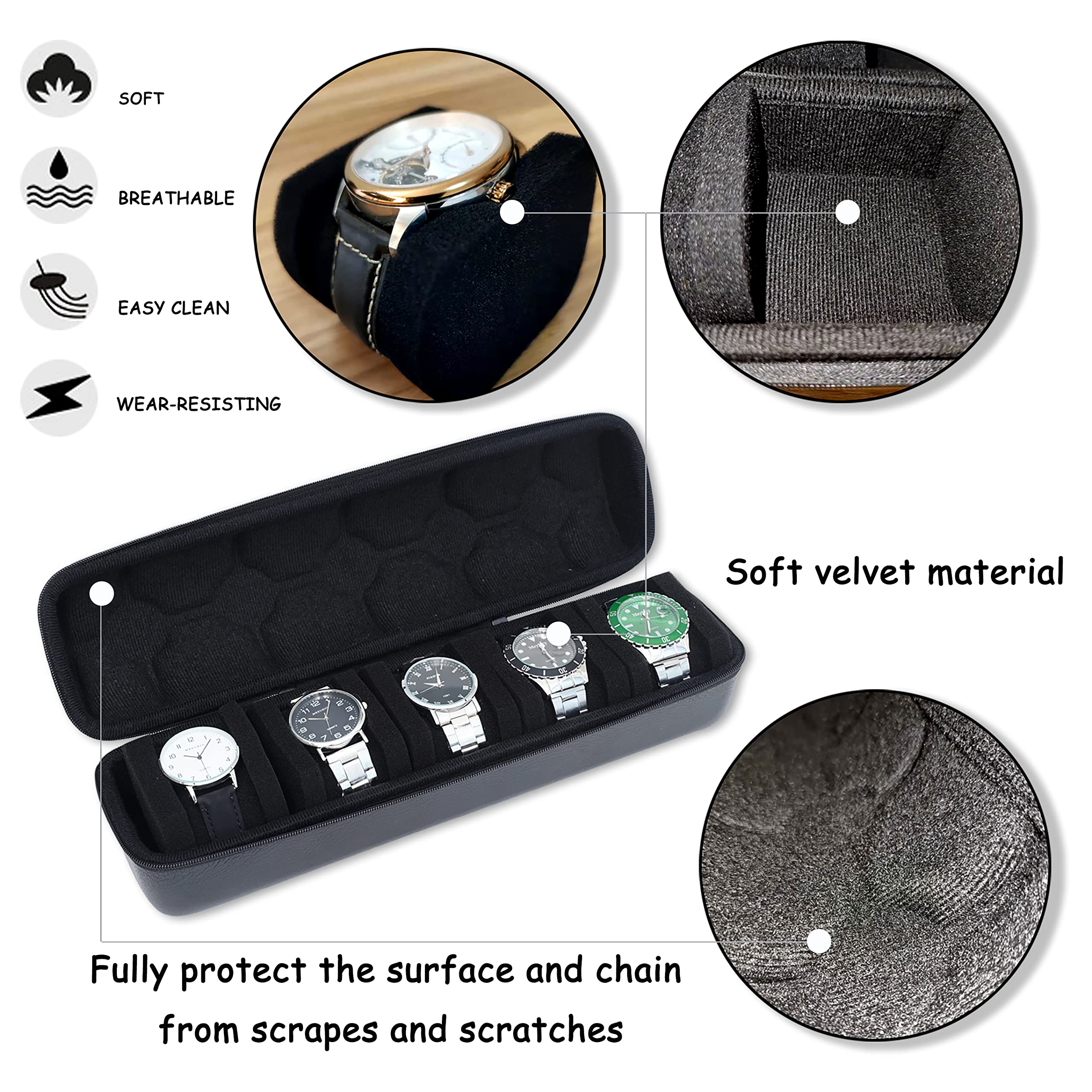 Premium 3-Slot Watch Travel Case for Men - PU Leather Watch Roll Organizer with Reinforced Zippers & Soft Watch Pillows - Fits Small to Large Watches - Perfect for Business Travel, Vacation & Watch Collection Storage