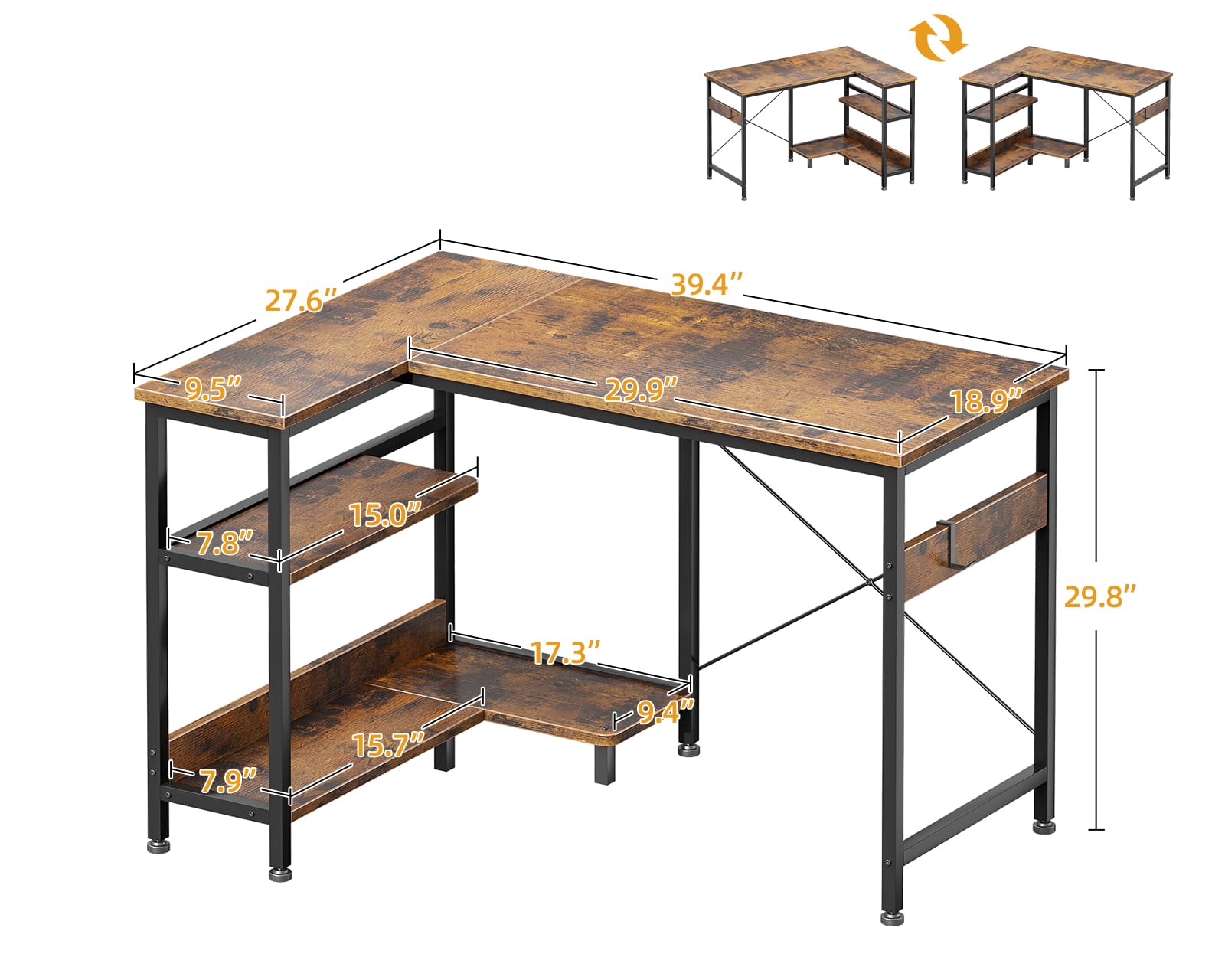 ODK 40 Inch Small L-Shaped Corner Desk with Reversible Storage Shelves & Monitor Stand - Space-Saving Home Office Desk for Small Spaces, Rustic Brown - Perfect for Gaming, Studying & Remote Work
