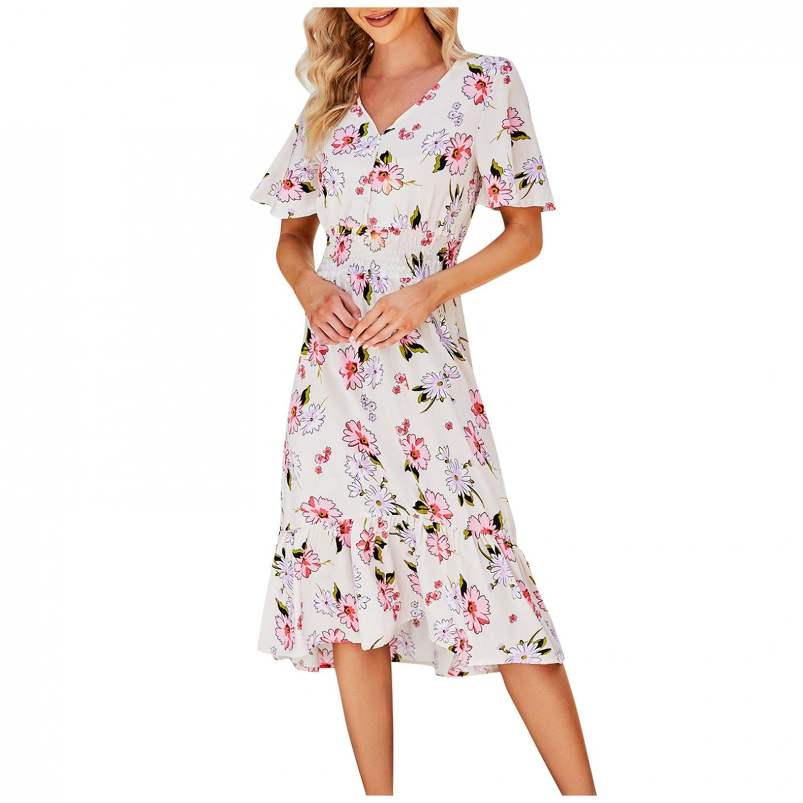 Women's Floral Tie Front Ruffle Mini Dress - V Neck Short Sleeve Party & Casual Dress for Summer, Date Night, Beach Vacation & Outdoor Events