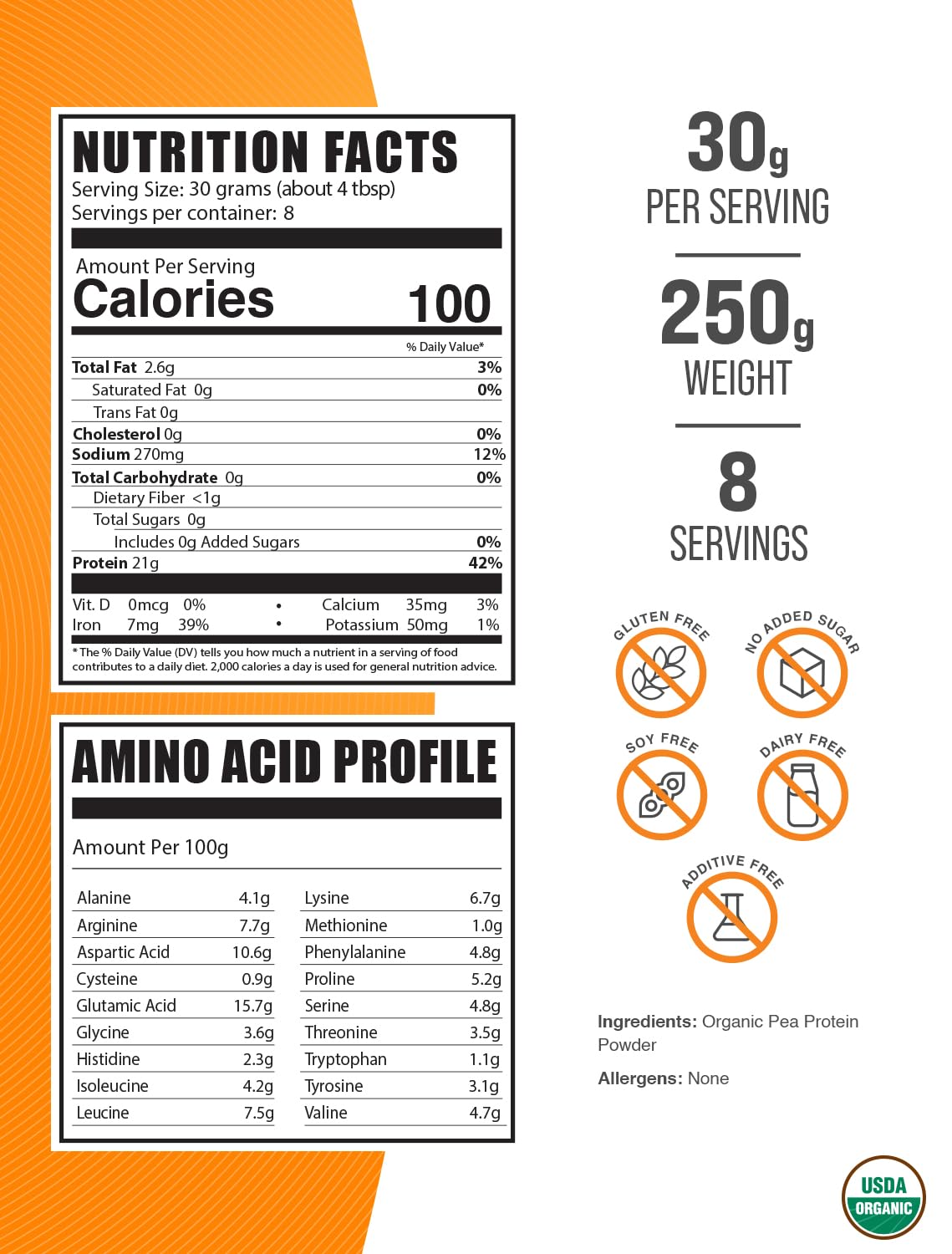 Organic Pea Protein Powder 250g (8.8 oz) - Plant-Based Vegan Protein Supplement, Unflavored & Gluten Free - 30g per Serving for Smoothies, Baking & Post-Workout Recovery - BulkSupplements.com